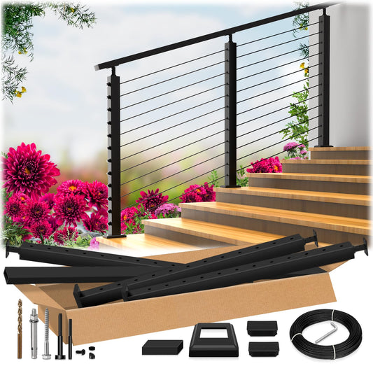 Zylorix 4ft-8ft Complete Set 33° Drilled Cable Railing System 42" with Handrail Cuttable, T304 Stainless Steel Black Angle Cable Railing Posts Kit with 1/8" Cable Railing Hardware for 28-38° Step