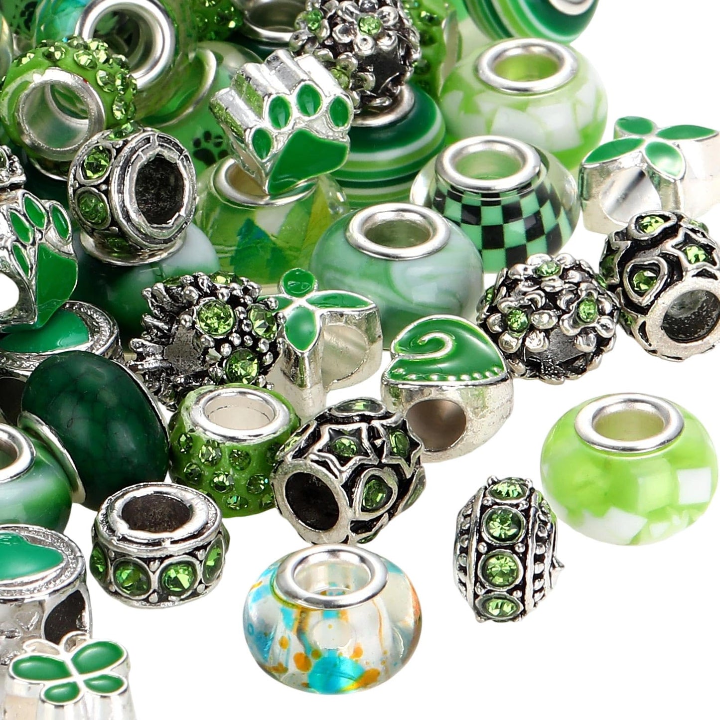 Hicarer 80 Pcs Assorted European Large Hole Beads, Spacer Glass Beads Rhinestone Metal Macrame Charms Supplies for DIY Crafts Bracelets Necklaces Jewelry Making(Green)