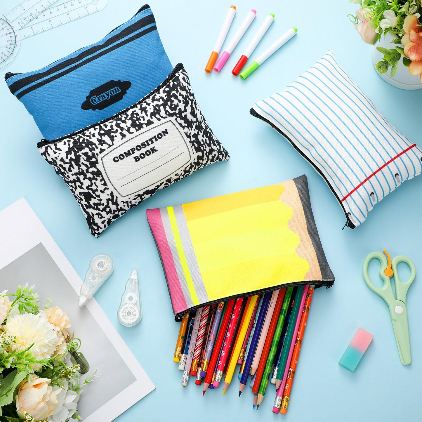 Yeyeplum 16 Pcs Teacher Appreciation Gifts Bulk Teacher Pencil Pouch Survival Kit Makeup Bags Thank You Gifts in Bulk Pencils, Crayons, Notebooks Designs Pencil Pouch Canvas 9 x 6 Inch