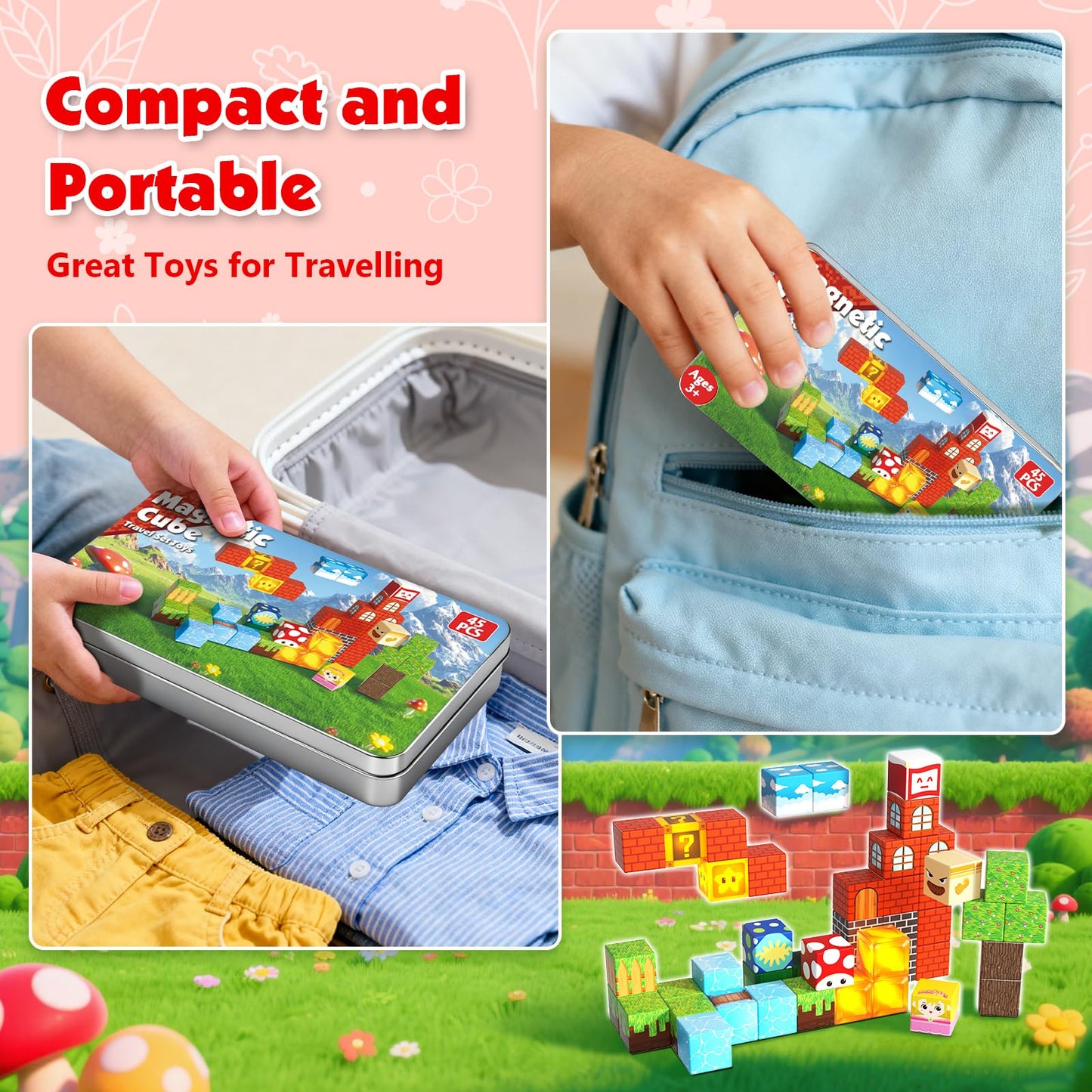Goody King 45pcs Travel Toys Magnetic Blocks with Metal Box, Light up Magnetic Blocks, Educational STEM Toys for Kids 3 4 5 6 7 8 9 10, Travel Construction Play Set, Christmas Birthday Gifts