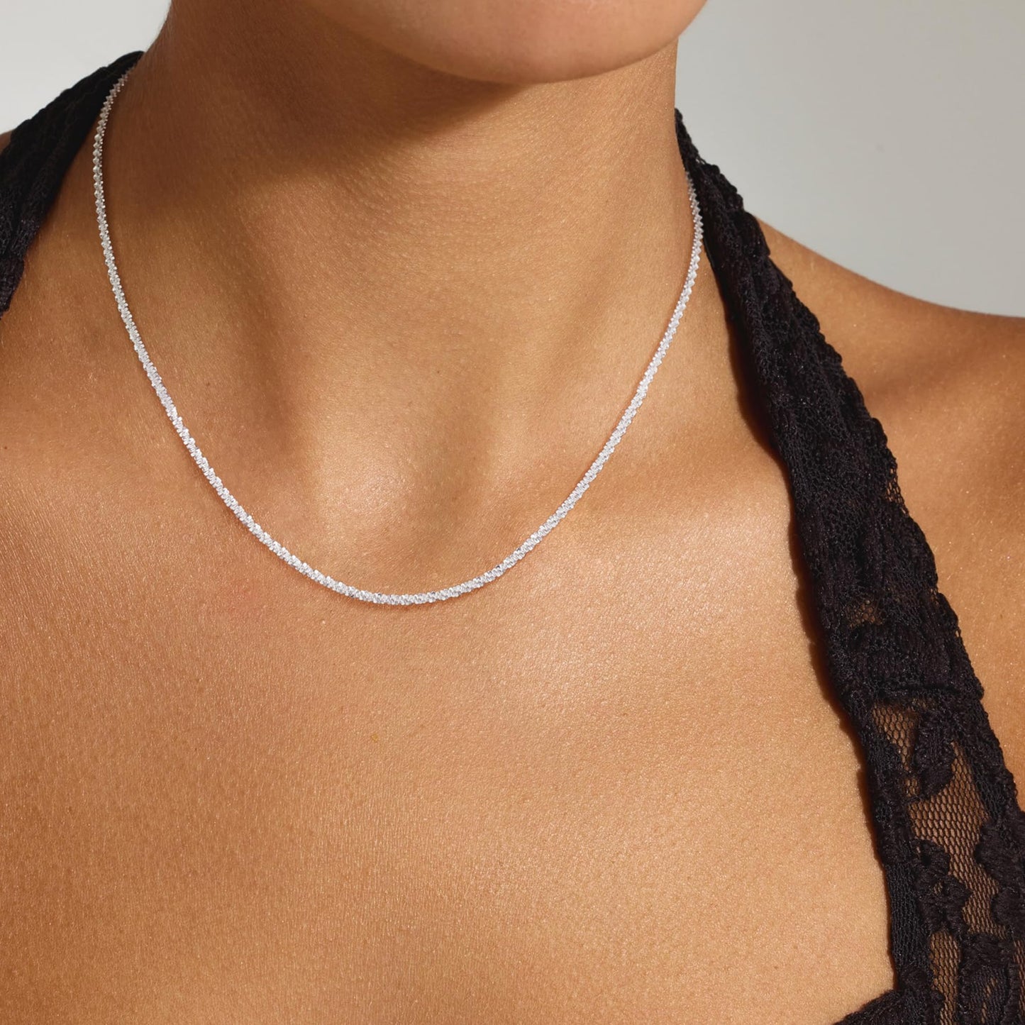 Freekiss 925 Sterling Silver Chain Choker Necklace for Women Trendy 16+2 Inch Adjustable Dainty Layered Sparkle Glitter Chain Necklace Simple Minimalism Fashion Silver Jewelry Gift 2.5mm