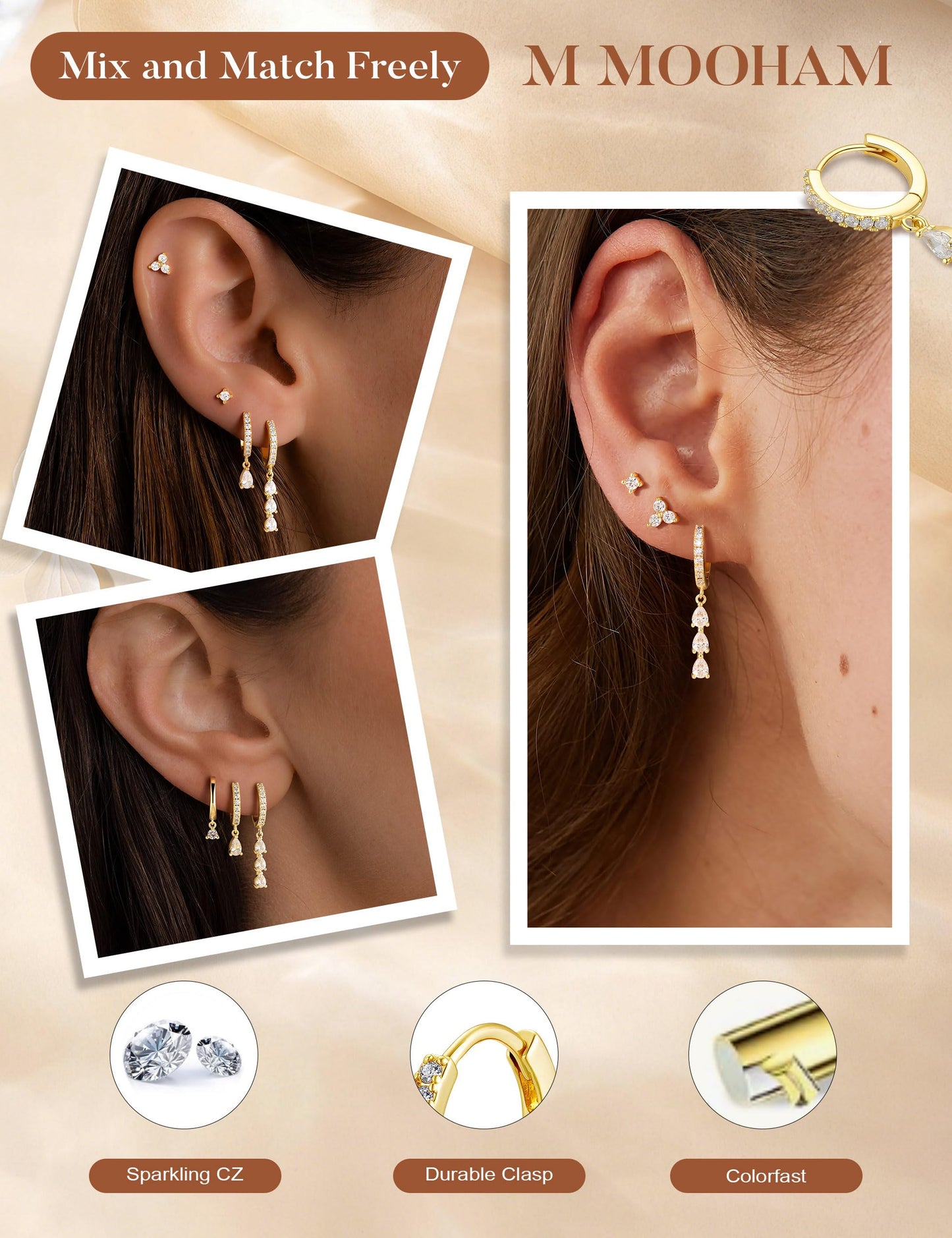 M MOOHAM Gold Dangle Earrings for Women, Drop Dangling Earrings Stacks Set Dainty 14K Gold Plated Hypoallergenic Cubic Zirconia CZ Hoop Earring Flat Back Stud Cartilage Earring Jewelry Bridesmaid Gift