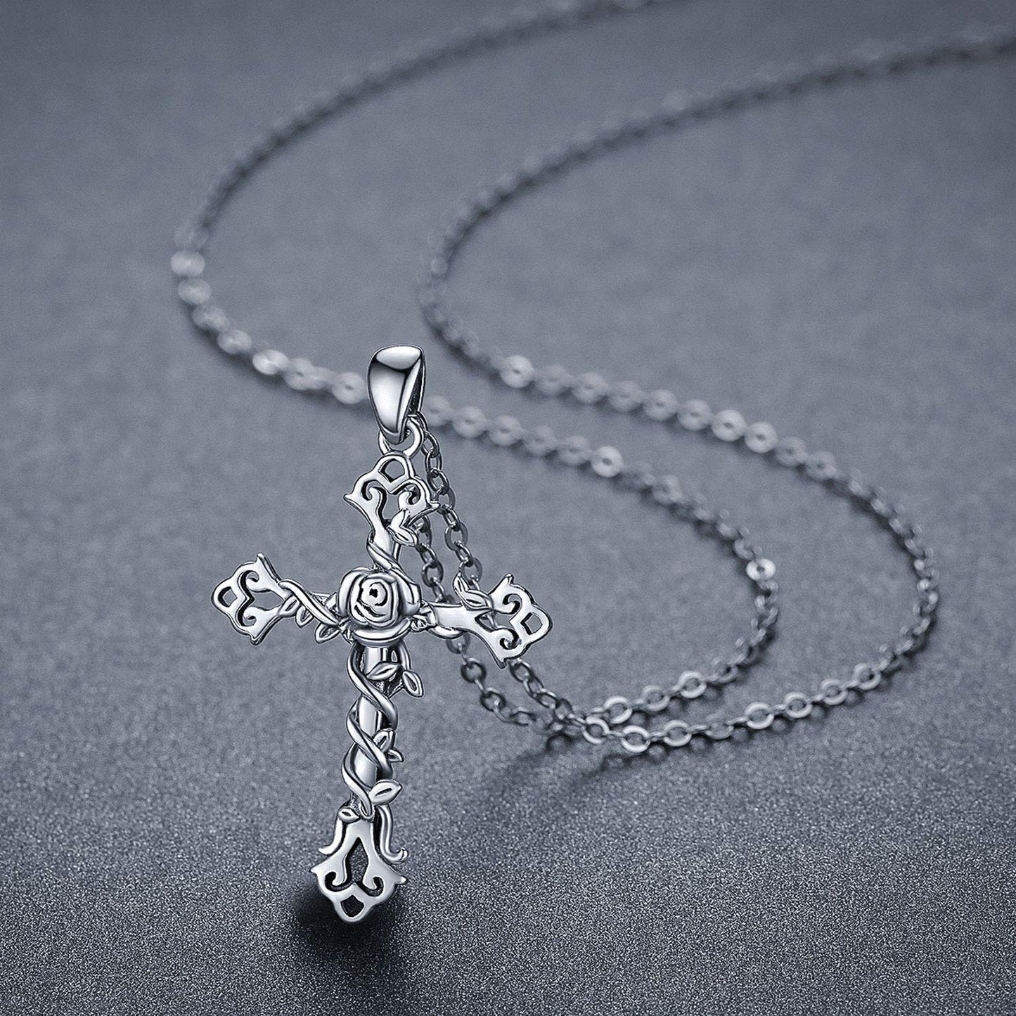 Cross necklace 925 Sterling Silver Rose Crose Pendant Necklace Cross Necklace for Women (A-Rose Cross Necklace) (Rose Cross Neckalce 1)