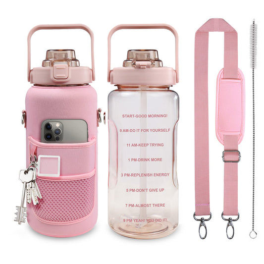 Chokoter Half Gallon Water Bottle with Sleeve, 64OZ Motivational Water Bottle with Straw & Time Marker, BPA Free Leakproof Gym for Sport Workout
