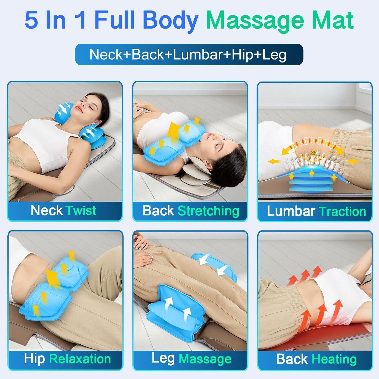 Full Body Massage Mat with Airbags Stretching & Heating, 3D Lumbar Traction & Relaxation, Back Massager Pad, 4 Modes 3 Intensities 3 Heat Levels, PU Leather, Portable & Foldable Design, Fit 5'1-6'0