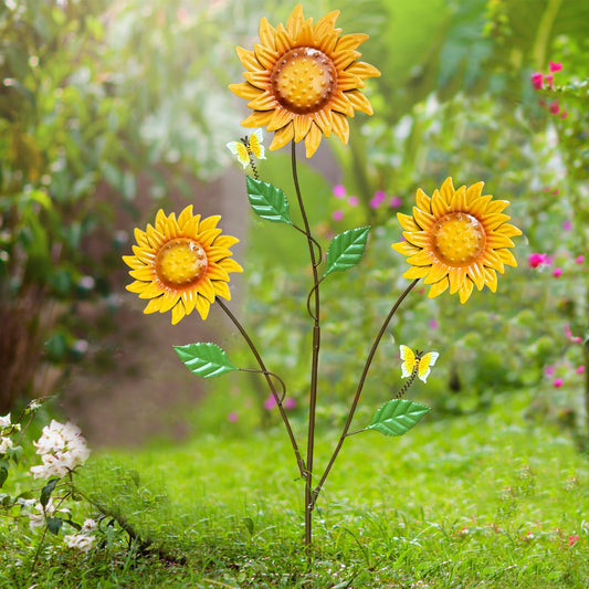 WKHOMEDECO 30" Metal Flowers for Outside Garden Stakes Decorative - 3-Head Sunflower Metal Yard Art Outdoor and Garden Decor, Spring Lawn Ornaments for Porch Backyard Patio, Rustproof Garden Gifts