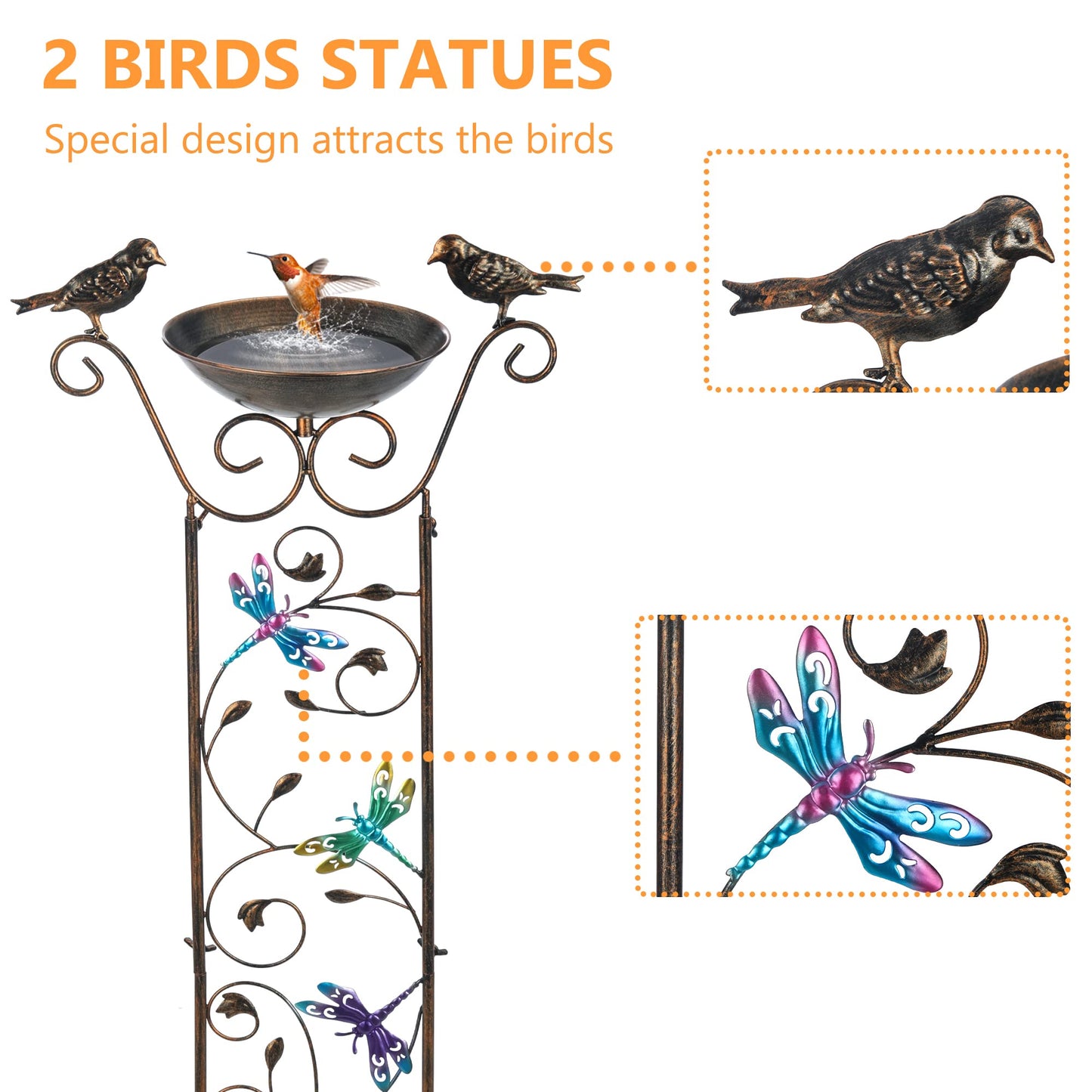 LEWIS&WAYNE Garden Trellis Bird Bath Outdoor, 40 Inch Antique Iron Garden Plant Trellis Decorative with Dragonfly and Detachable Drinking Basin Bowl, Free Standing BirdBath Birdfeeder Station