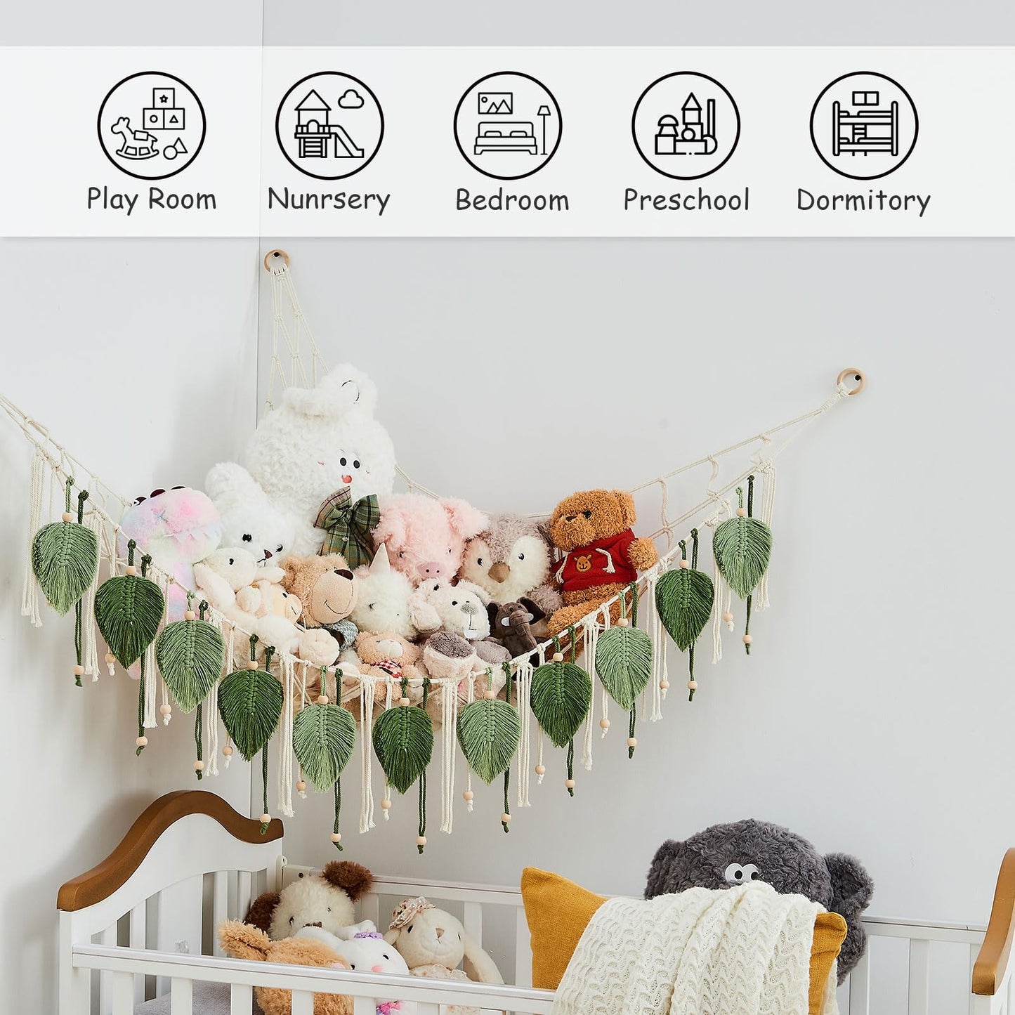 Pretty Jolly Macrame Stuffed Animal Hammock with Beads Hand Woven Leaf Tassels Corner Hanging Net Boho Plush Holder for Toys Kid Room Nursery Decor Organizer for Girls Gift(Sage Green&Avocado Green)