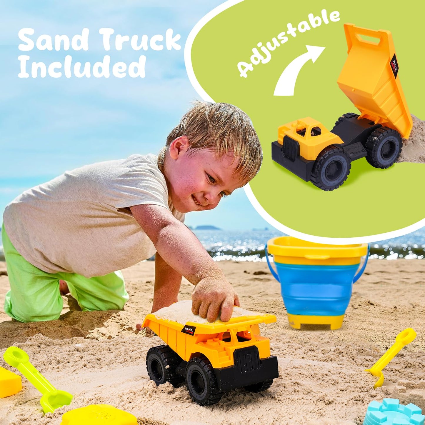 AuntyFey Beach Sand Toys for Toddler 1-3 with Trucks, 2 Collapsible Beach Toys for Kids Ages 4-8, Sandbox Toys for Toddler, Collapsible Beach Sand Buckets with Castle Sand Molds Shovels