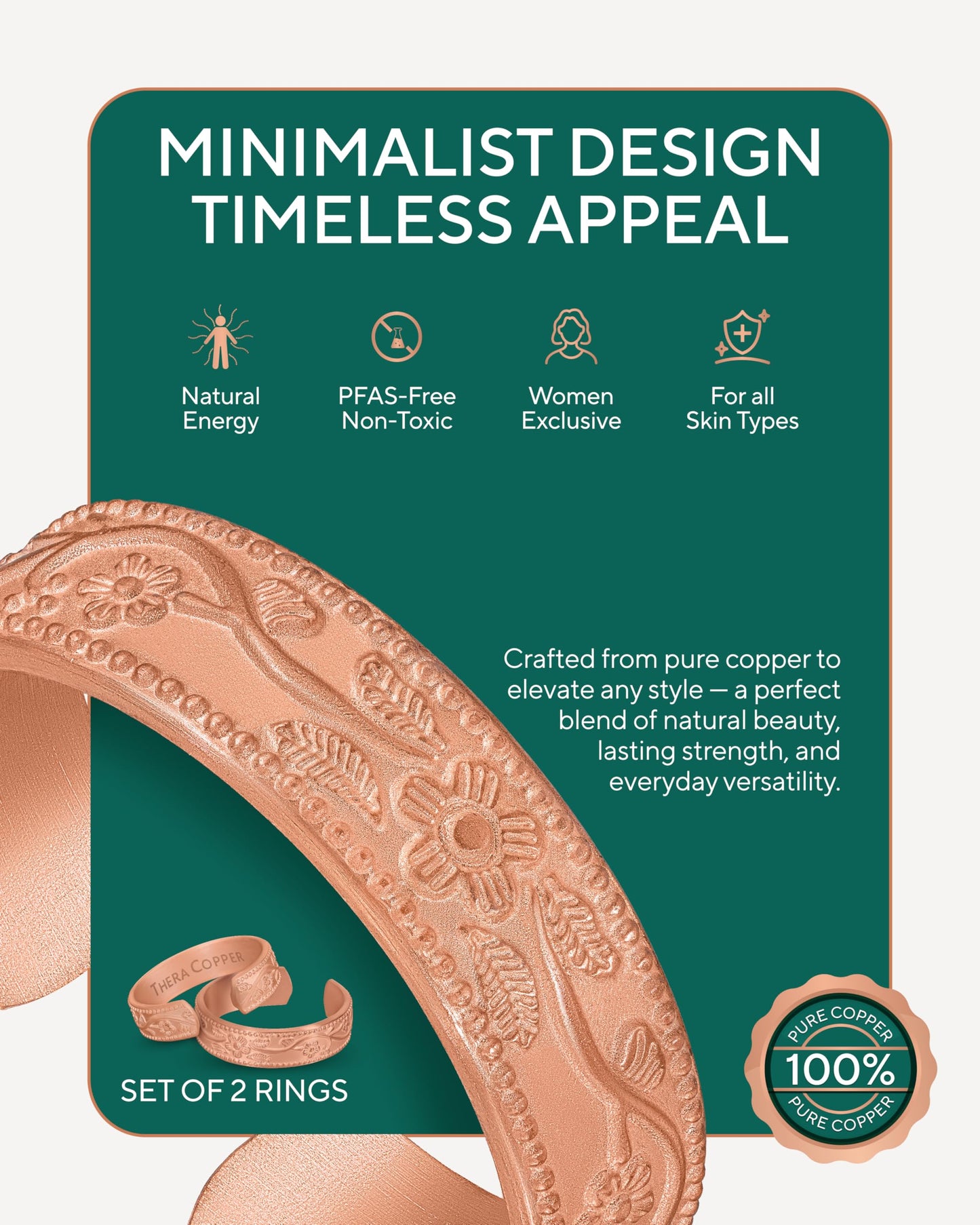 TheraCopper Pure Copper Rings for Women (2-Pack) — 100% Pure Copper Ring — Raw, Solid & Uncoated Authentic Handmade Open-End Adjustable Ayurvedic Jewelry Rings (6mm Floral)