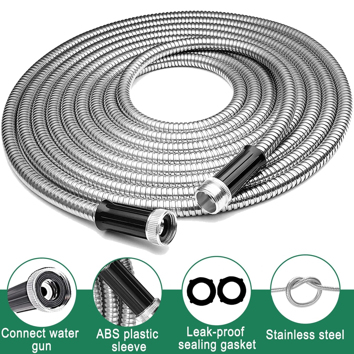 75ft Stainless Steel Garden Hose with 2 Nozzle Flexible Water Hose Lightweight Portable Tangle Free Metal Pipe for Patio Lawn Outdoor Heavy Duty Watering Water Pipe
