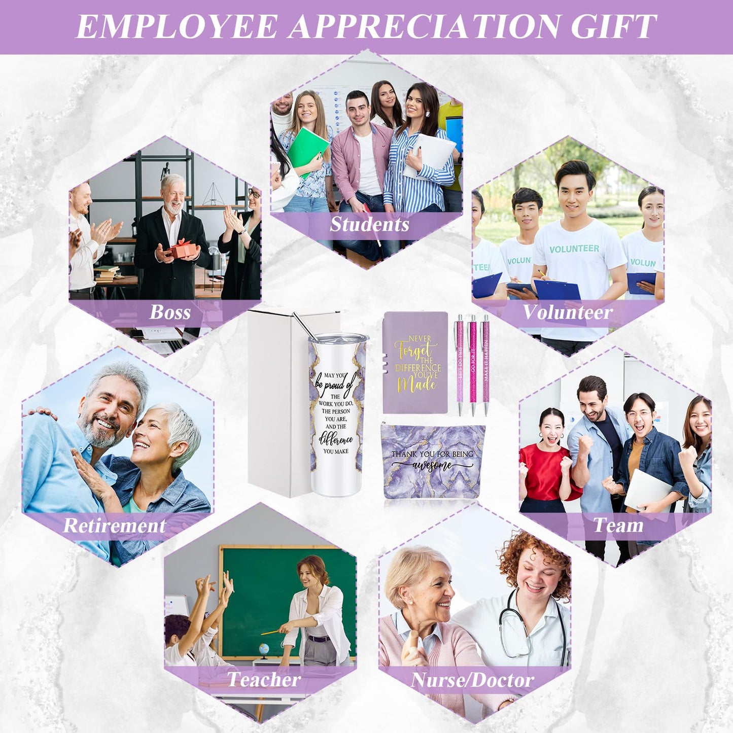 Domensi 6 Pcs Employee Appreciation Gift Set for Women Female Thank You Gift May You Be Proud 20 oz Rustic Marble Sign Tumbler Makeup Bag Journal for Nurse Lady Work Business(Purple)