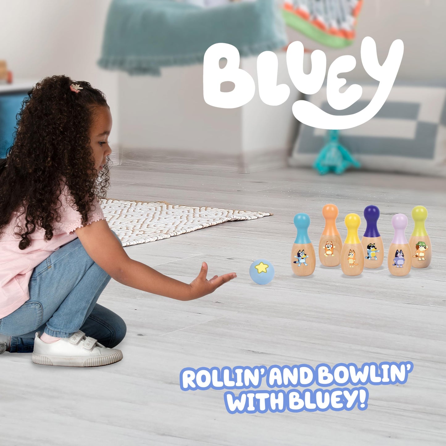 Bluey Wooden Bowling Set – Skittle Game with 6 Character Wooden Bowling Pins, Durable Toy for Kids Ages 3+, Indoor & Outdoor Play