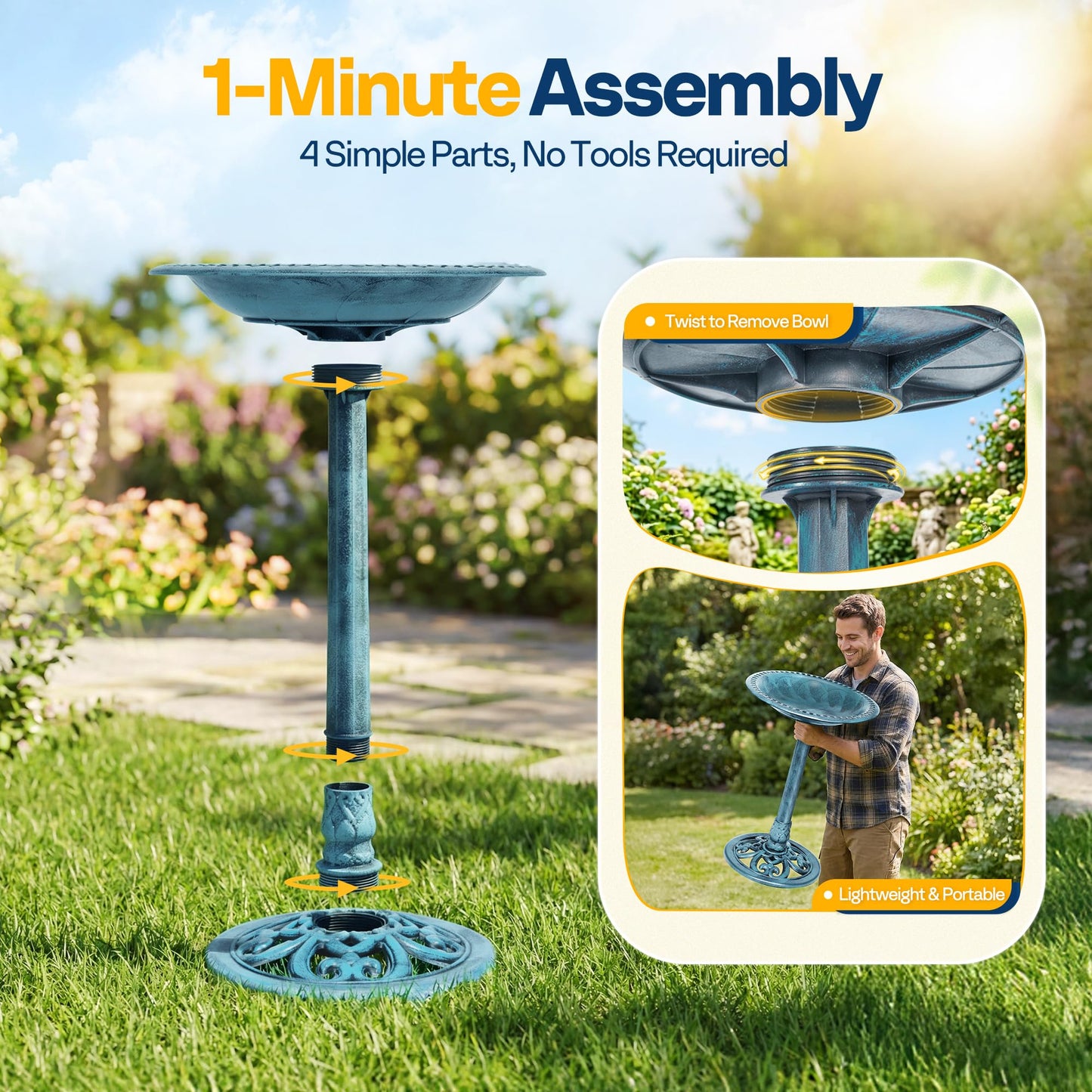 VIVOHOME Bird Bath for Outside, Polyresin Pedestal Bird Baths for Outdoor, Garden, 28 Inch Height Weather-Resistant Birdbaths with 20" Bowl, Blue
