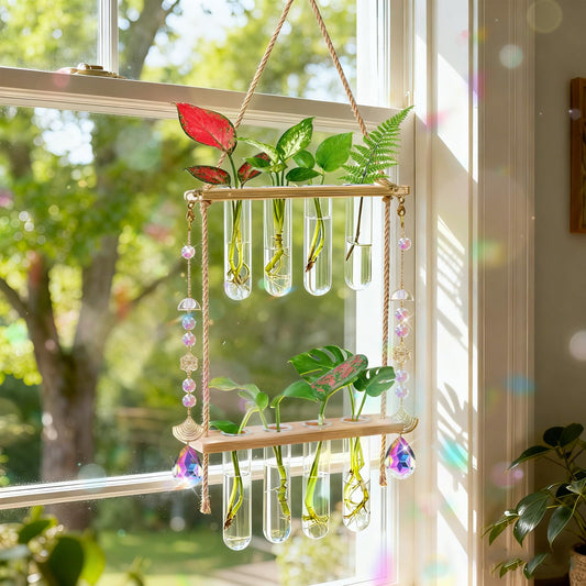 Hanging Propagation Stations with Crystal Suncatchers Glass Wall Planters for Indoor Plants Hydroponics, 2 Tiered Wooden Stand Mini Test Tube Flower Vase Glass Planter Stations for Home Decor (Beige)