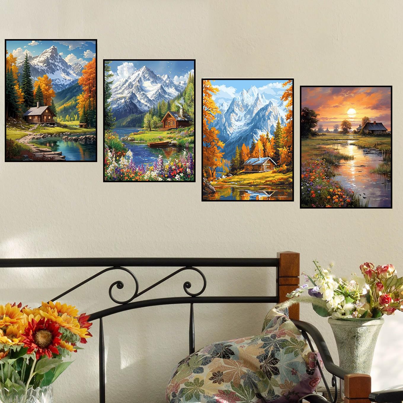 mrpwnle 4 Pack Paint by Numbers for Adults Mountain Cabin Lake Sunset Landscape DIY Oil Painting Kit on Canvas Easy Painting by Numbers for Adults Beginners Wall Art Decor Gifts 12x16 Inch