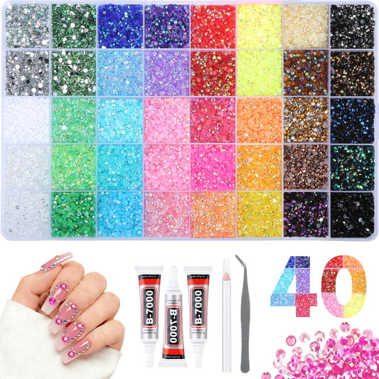 4mm Resin Rhinestones 40000Pcs, Bedazzling Kit with B7000 Glue, Tweezers & Pickup Pen, 40 Vibrant Colors for Nail Art, DIY Crafts, Clothes, Shoes, Graduation Cap, Jewelry, Art Painting & Decorations