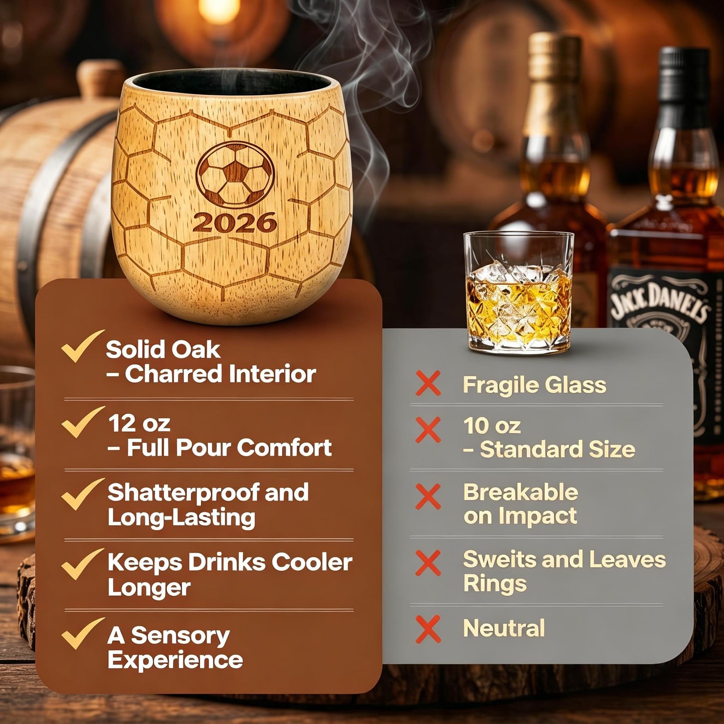 Charred Wooden Whiskey Glasses, 2026 Limited Edition Old Fashioned Glass Set, Unique Gifts for Men Who Love Soccer – for Dad, Brother, or Husband (2 Pack)