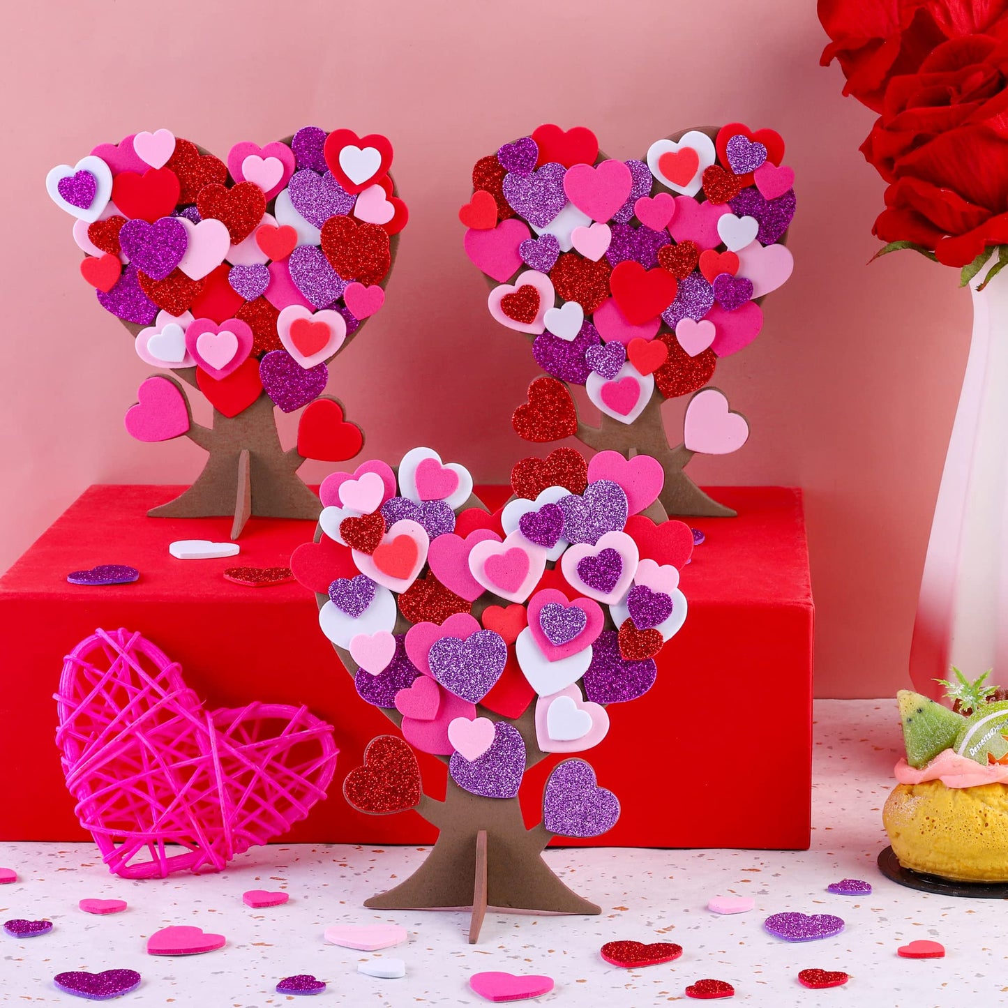 Fovths 362 Pieces Love Heart Tree Foam Stickers DIY Craft Set - 12 Trees and 350 Self-Adhesive Hearts for Valentine's Day, Wedding, Mother's Day Home Decor