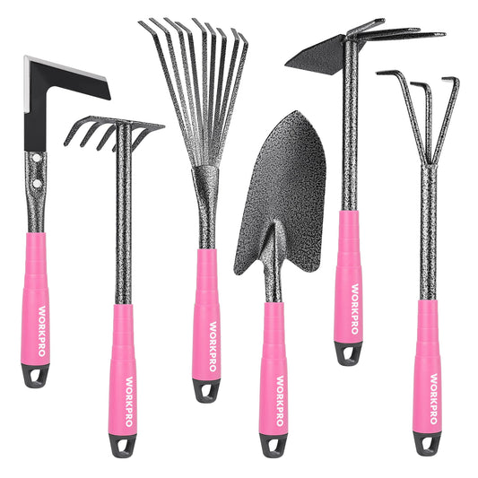 WORKPRO 6-Piece Pink Garden Tool Set, Heavy Duty Gardening Hand Tools with Soft Rubber Handle, Including Trowel, Rakes, 2-in-1 Hoe and Crack Weeder, Ideal Gardening Gifts for Men and Women