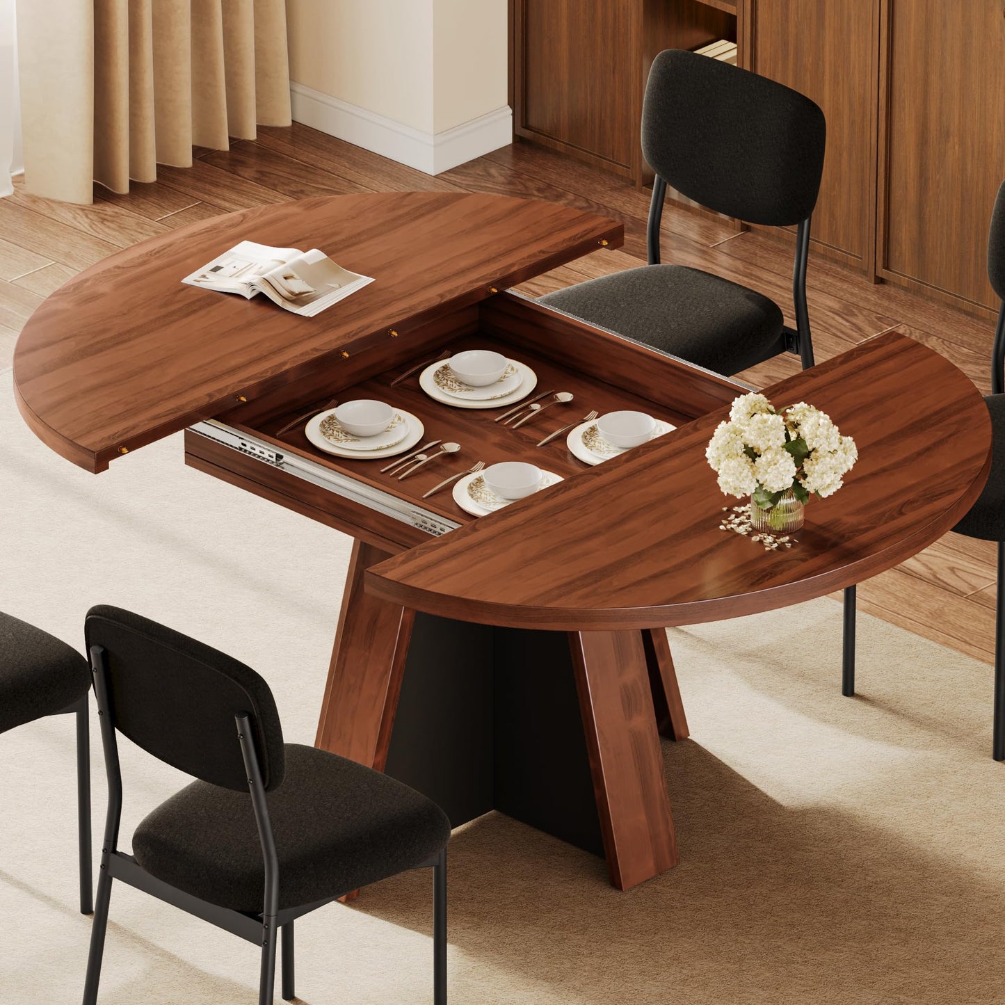Einhomn 5-Piece Extendable Round Dining Table Set for 4-6, 59 '' Kitchen Circle Table with 4 Chairs, Space-Saving Wood Base Dining Set for Kitchen, Living Room