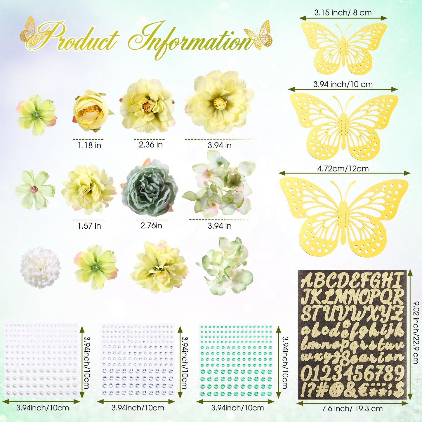 Hoteam DIY Graduation Cap Decorations Kit Included Faux Flowers 3D Butterfly Self Adhesive Rhinestones Glitter Alphabet Letter Stickers for 2026 Grad Cap Topper Party Gifts Decor(Green)