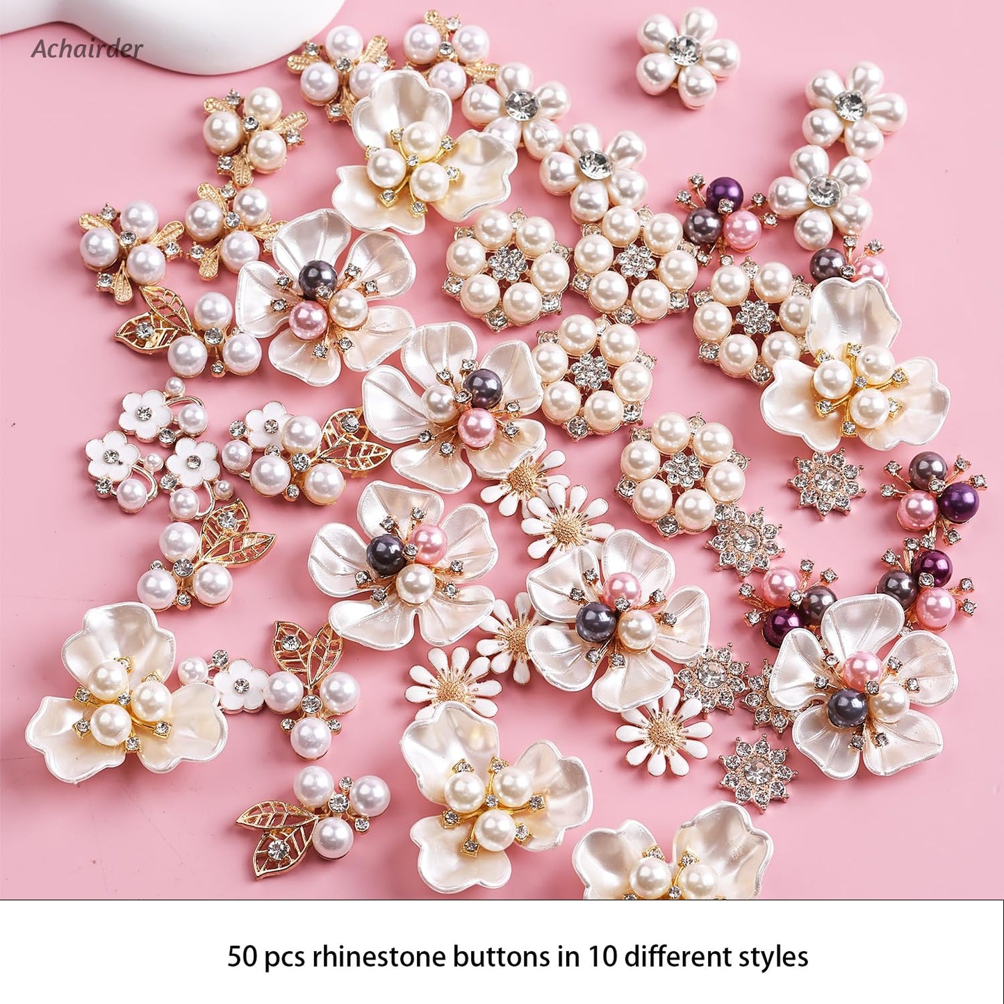 50PCS Rhinestone Buttons Faux Pearl Embellishments Buttons,Flat Back Flower Rhinestone Charms for Jewelry Making DIY Wedding Bouquet, Decor Clothes Bag Shoes Craft Accessory