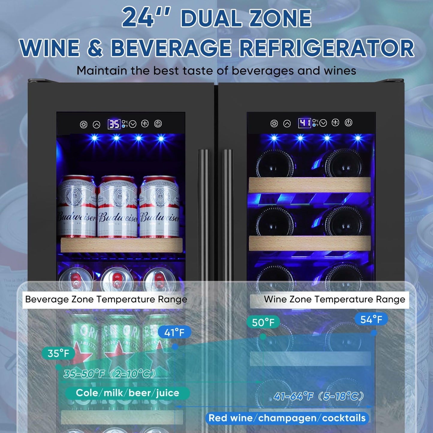 Wine and Beverage Refrigerator 24", Upgraded Dual Zone Wine Beverage Cooler with Glass Door and French Door, Large Capacity Beer Fridge Holds 21 Bottles & 88 Cans, Built-In or Freestanding - Black