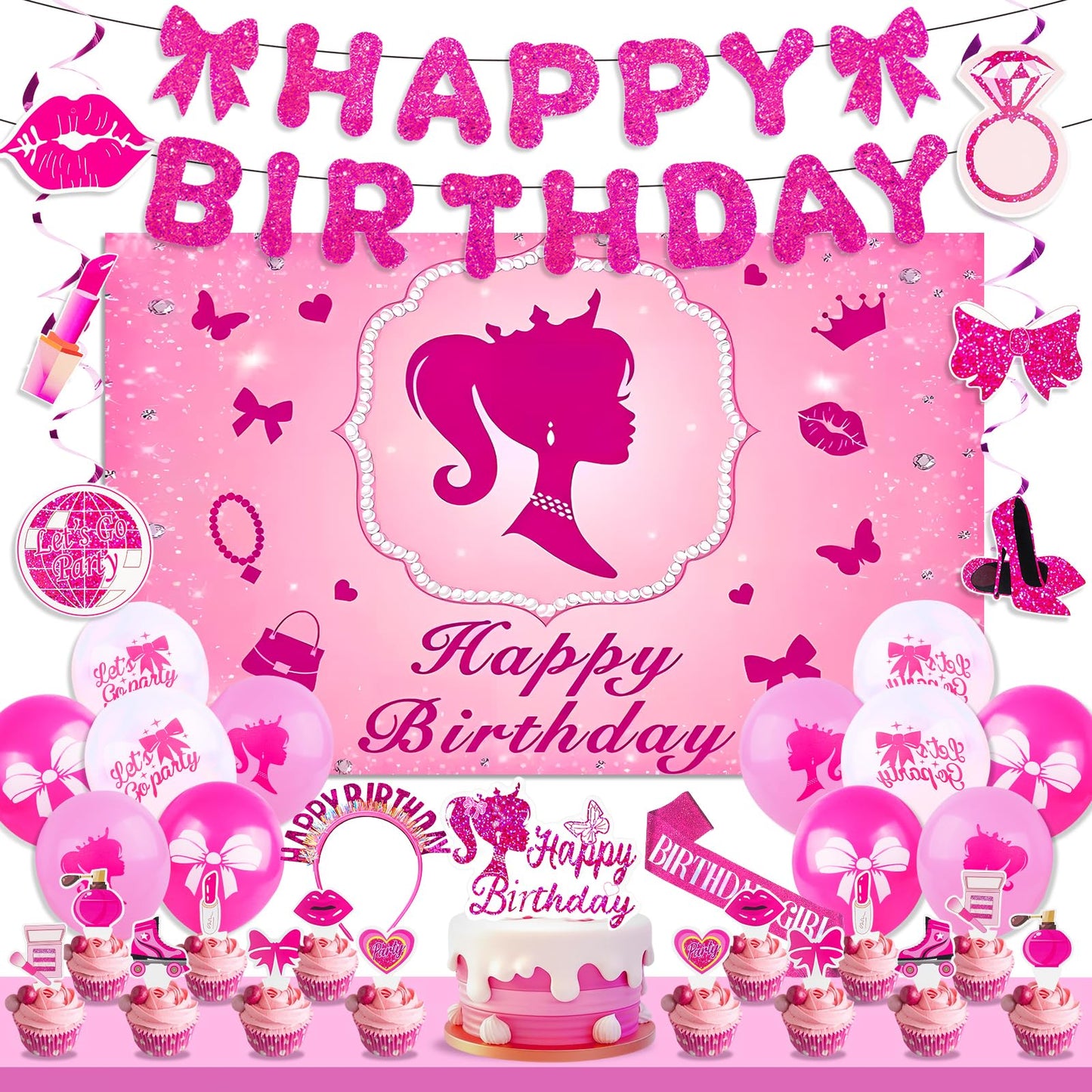 Hot Pink Birthday Party Decorations Supplies, with Pink Glitter Happy Birthday Banner, Backdrop, Balloons, Hanging Swirls, Cake & Cupcake Toppers for Kids, Girls and Women