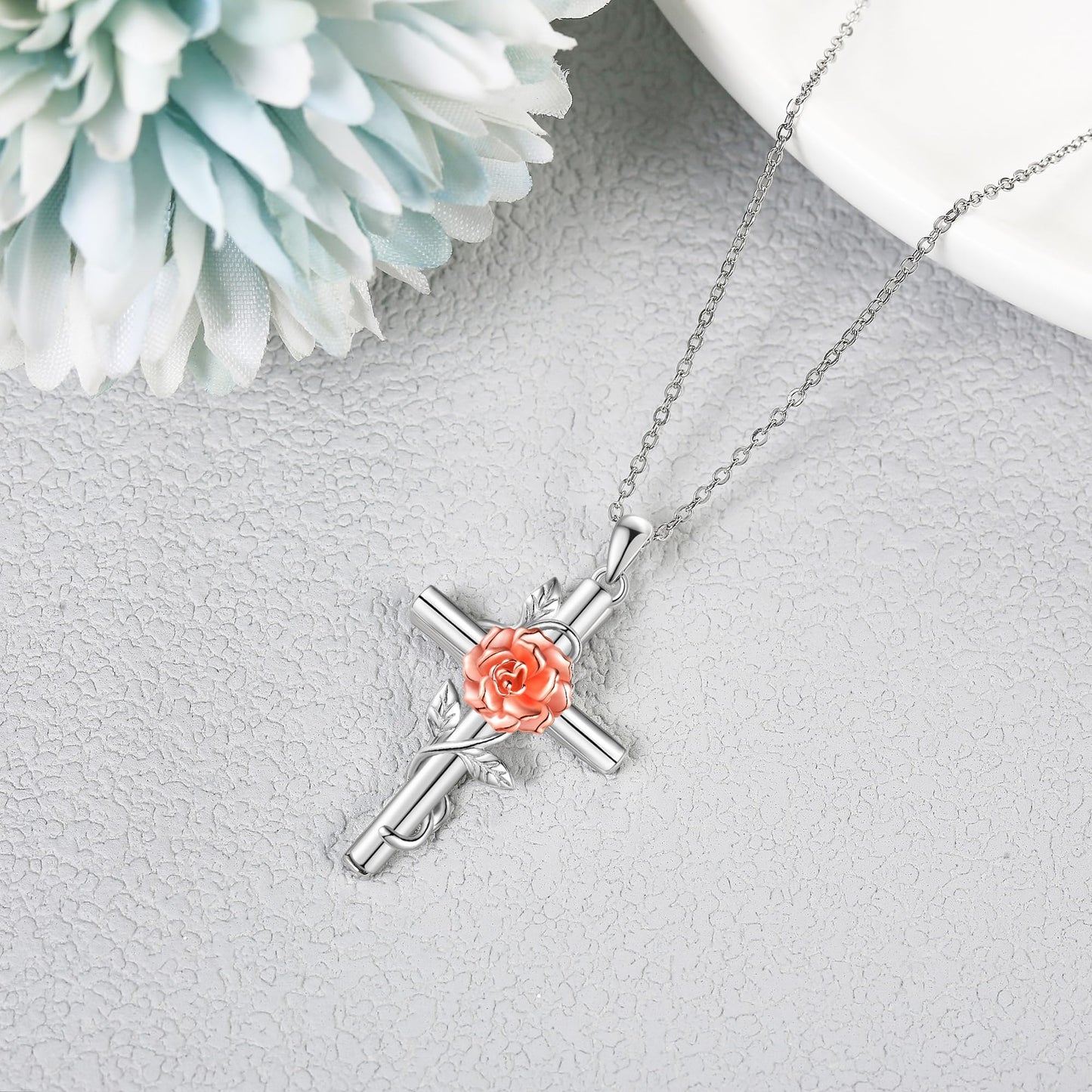 JERWLI Carnation Necklace 925 Sterling Silver Carnation Cross Necklace January Birth Flower Jewelry for Women