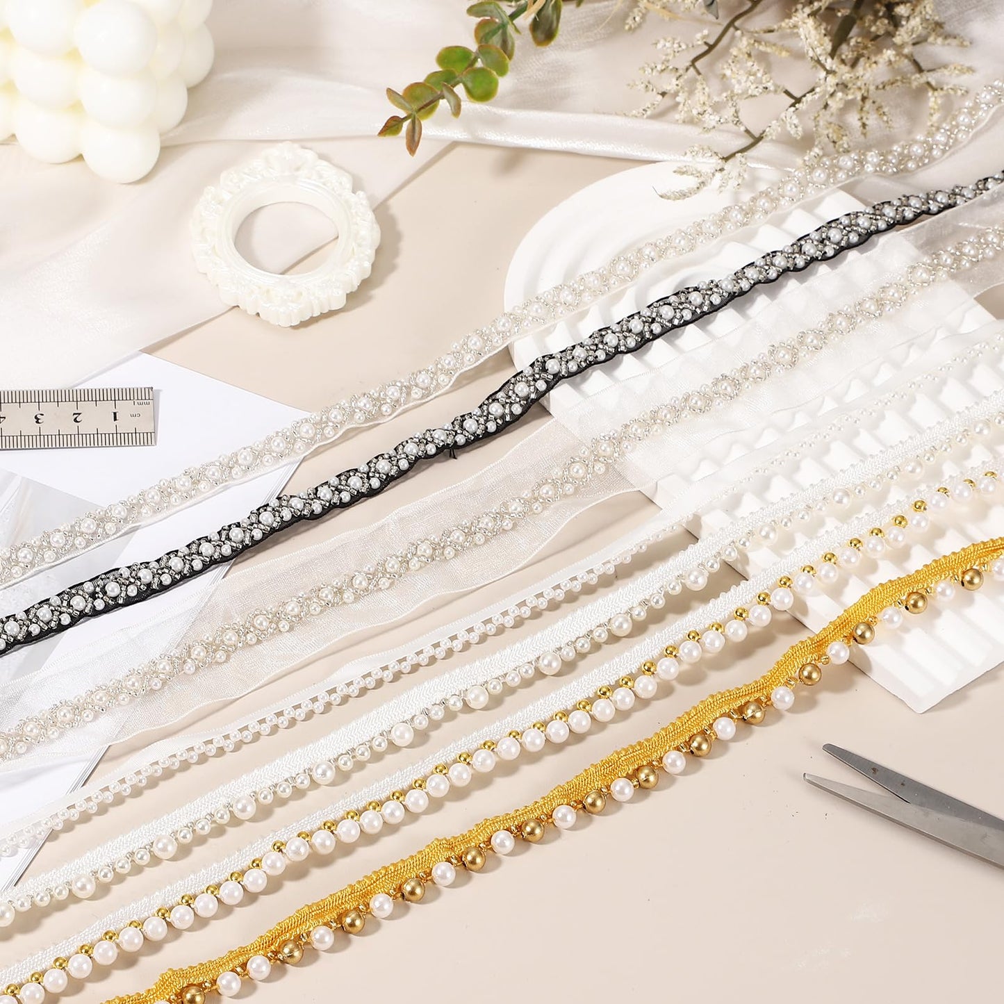 uxcell 2 Yards Pearl Beaded Trim, 1cm Bridal Lace Ribbon Trimming Edge Embellishments for Sewing Wedding Party Dress Fabric DIY Craft, Solid White
