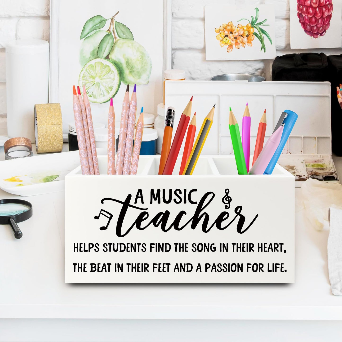 XPH Music Teacher Pen Pencil Holder Organizer for Desk, Music Teacher Gifts, Teachers Appreciation Gifts for Women Men Wooden Box Sign for Office Workplace Classroom Desk Tabletop Decorations
