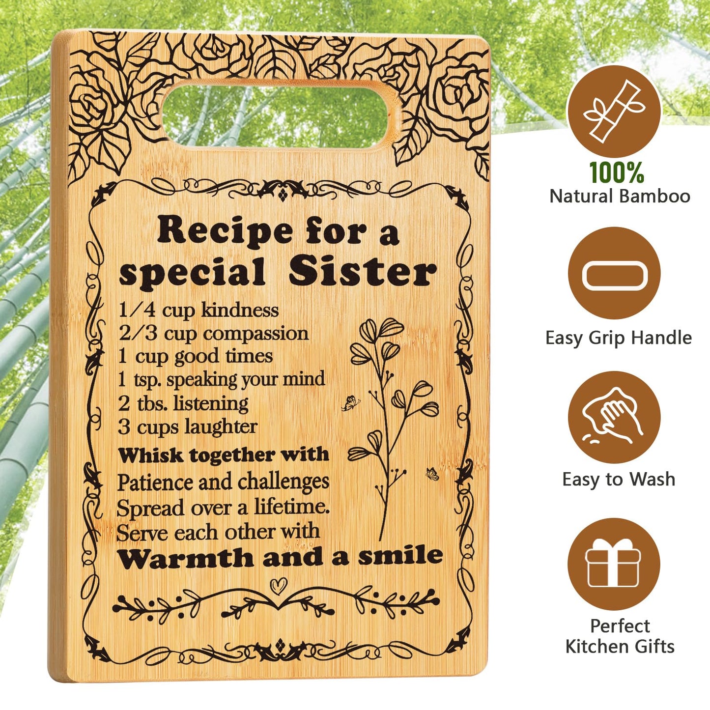 Sister Birthday Gifts Cutting Board Set, Recipe for a Special Sister - Mothers Day Birthday Gifts for Sister from Sister Engraved Utensil Friendship Gift for Women Bestie Best Friend Soul Sister