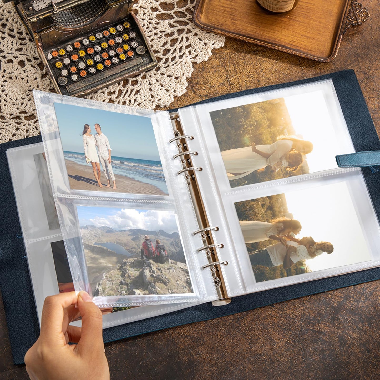 Photo Album 4x6, Leather Photos Albums, Vintage Travel Scrapbook Photo Album with Writing Space 30 Writing Paper, Picture Album for Family Anniversary Wedding, Gift for Anniversary (Blue)