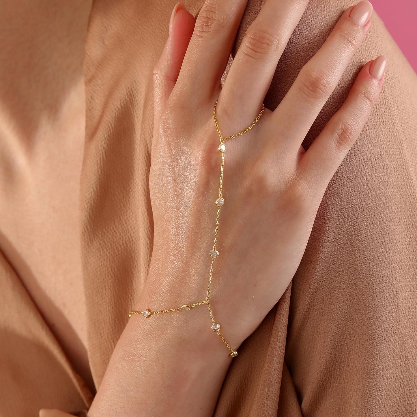 MBW Dainty 14K Gold Plated Ring Hand Chain Cubic Zirconia Bracelet Trendy Hand Chains Bracelet for Women Simple Body Womens Jewelry Trendy 2025