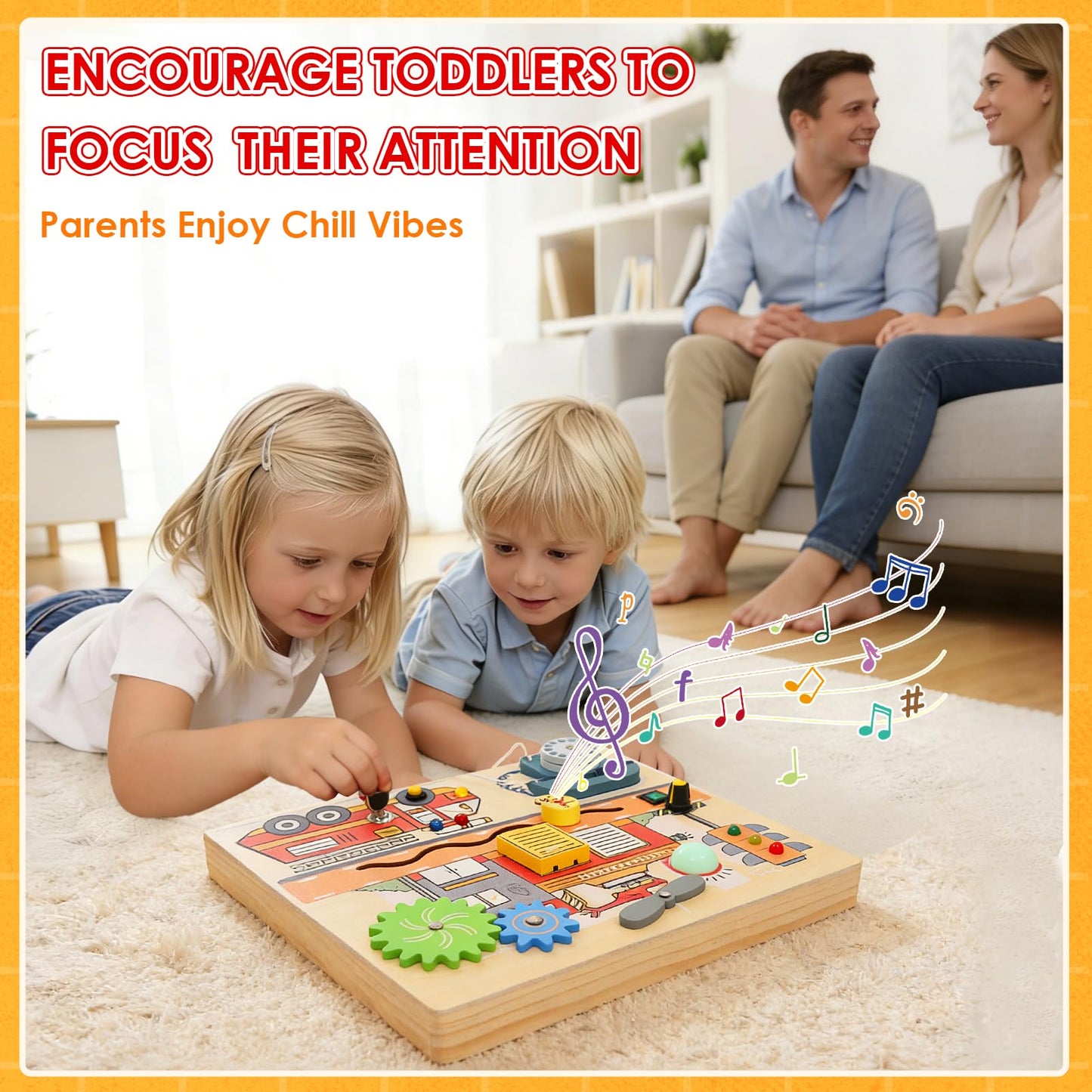 Wdmiya Montessori Busy Board for Toddlers 2-4, Fire Truck Activity Board with LED Lights & Sounds, Wooden Sensory Learning Toy with Rotary Phone, Helicopter & Gears, for 2 3 4 Year Old Boys Girls Gift