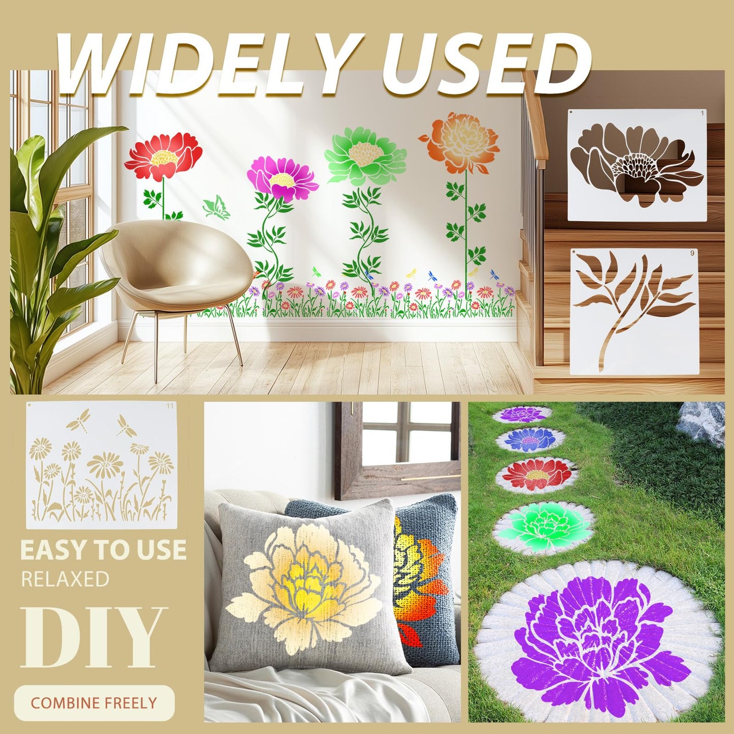 12Pcs Large Flower Stencils for Painting on Wood Fence, 14 Inch Reusable Fence Stencil, Peony Floral Stencils on Wall Wood Floor Canvas Paper Furniture Fabric