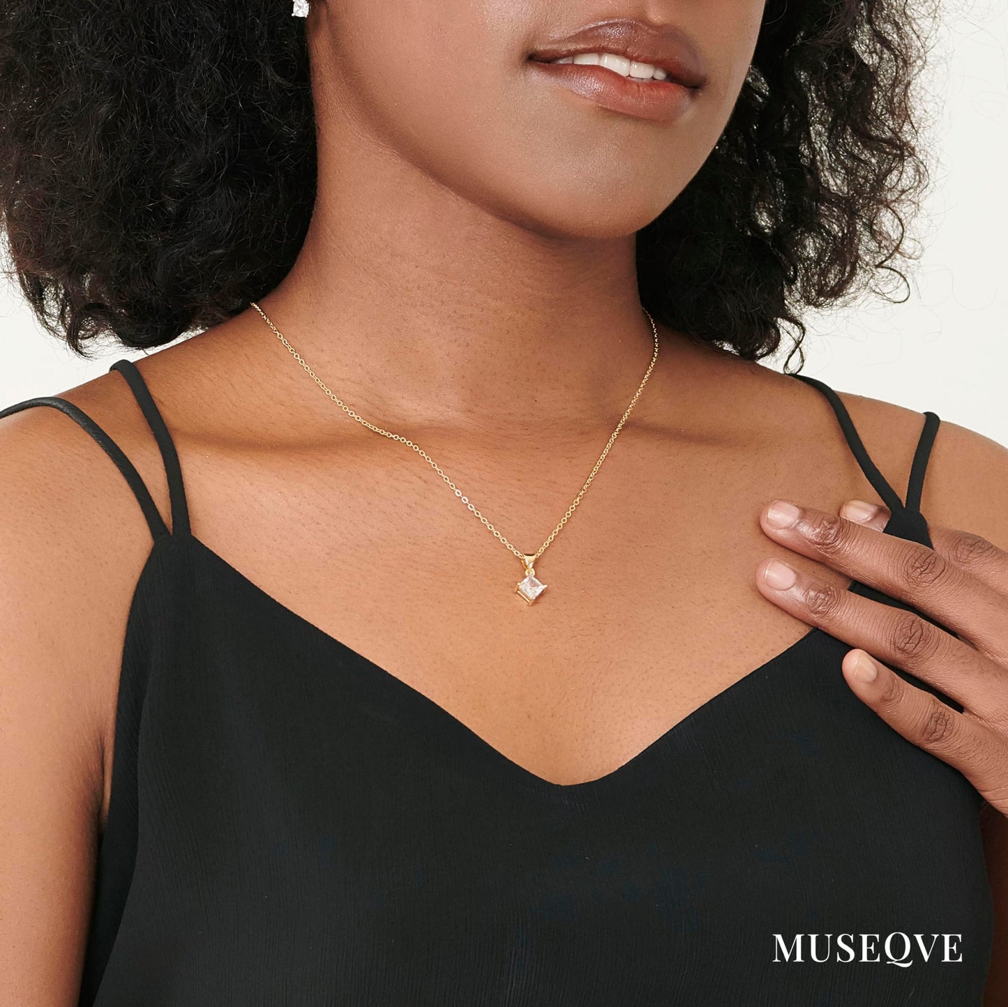 MUSEQVE 14K Gold Plated CZ Solitaire Necklace for Women • Princess Cut Square Rectangle Rhombus Cubic Zirconia Diamond Pendant Jewelry • Tarnish Free Adjustable Chain [CZN-RH-G]