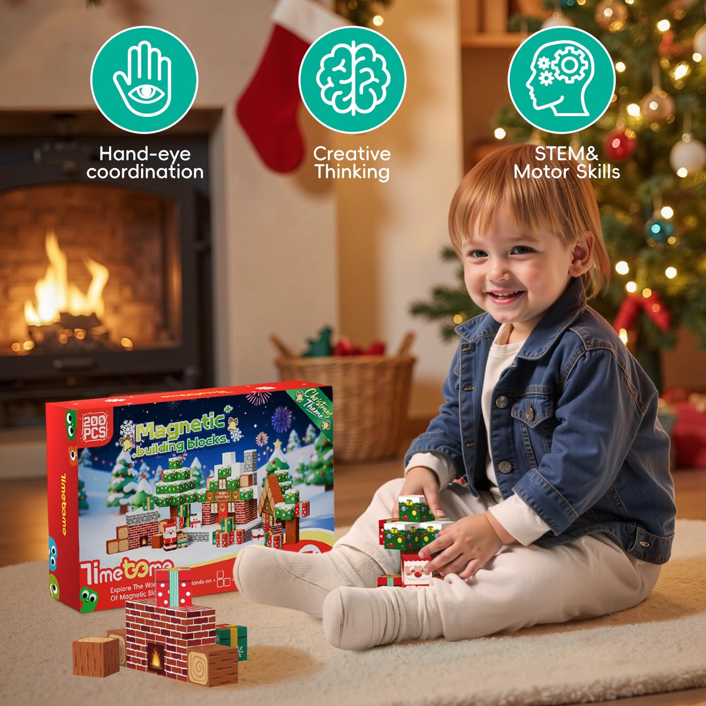 Timetome Magnetic Blocks, 200PCS Magnetic Building Block Cubes, STEM Montessori Sensory Toys for Kids Boys Girls Ages 3 4 5 6 7 8 9 10 (Christmas Version)