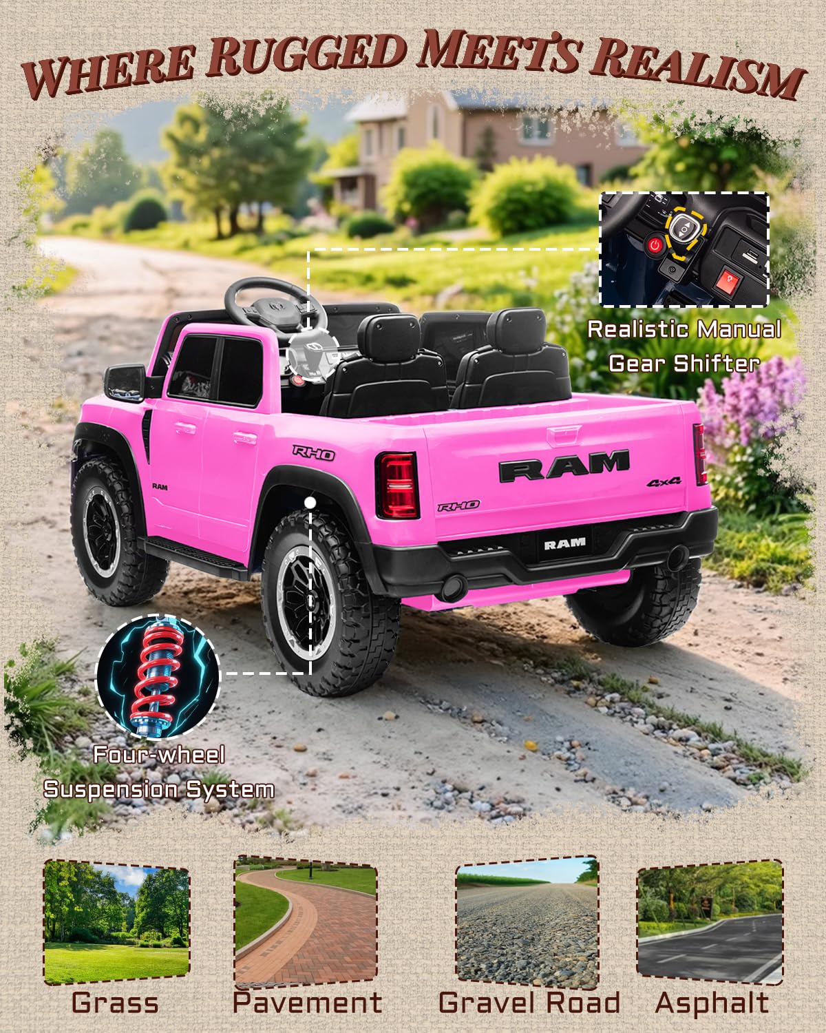First Ride On 24V Ride On Toys for Big Kids, RAM 1500 2 Seater Ride on Car w/Remote, Battery Powered Truck w/ 4 Wheels Suspension, Toddler Car w/Bluetooth, LED Lights, Trunk