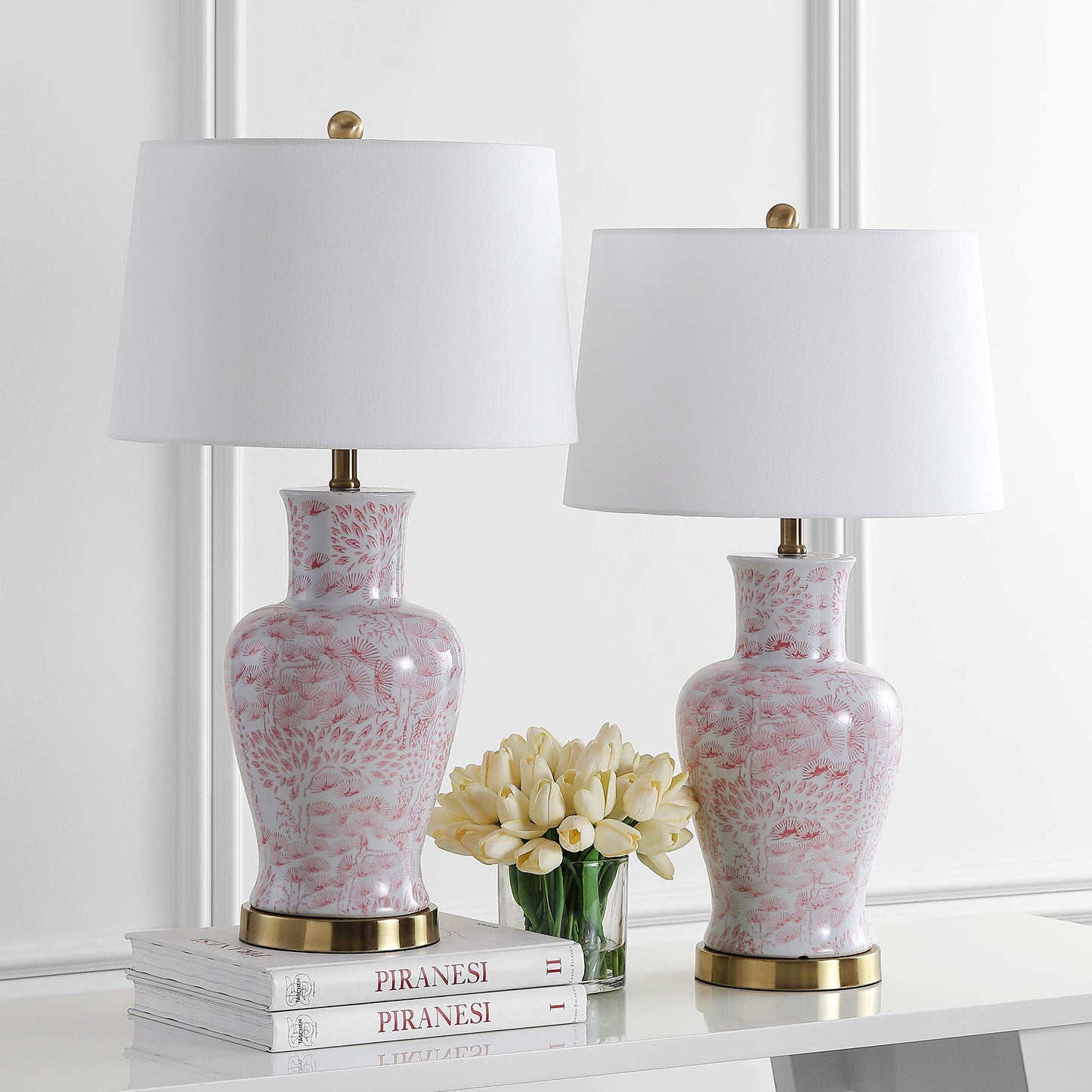 SAFAVIEH Lighting Collection – Calli Set of 2 Pink & White Chinoiserie Ceramic Table Lamps with Brass Gold Accents, 28-Inch Bedroom or Living Room Lamps, LED Bulbs Included (TBL4161A-SET2)