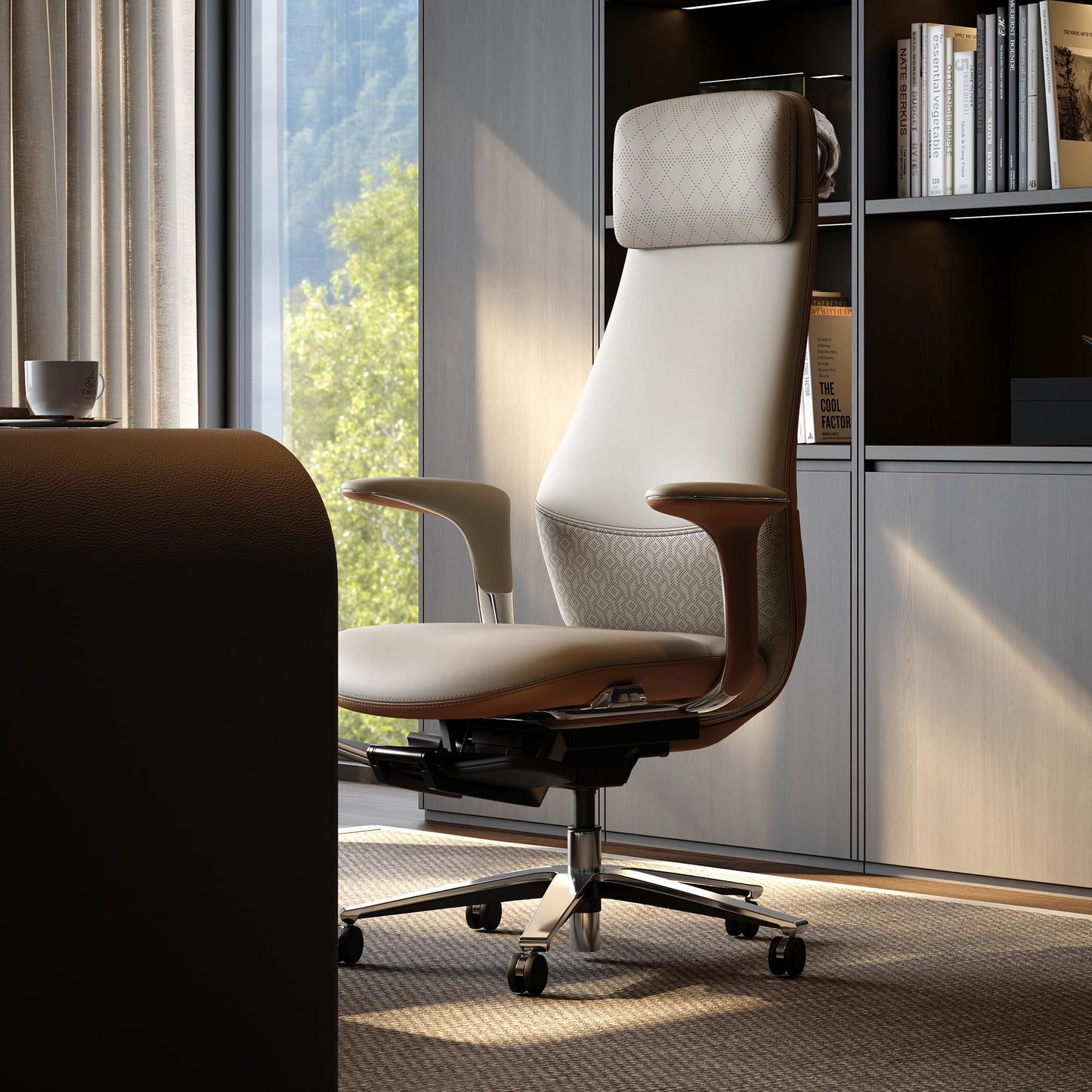 TOMU Executive Office Chair with Foot Rest, Top Grain Genuine Leather Office Chair, Ergonomic High Back Design. Real Leather, Wheels, Alumium Base. Padded Armrest, Luxury and Comfy (Beige)