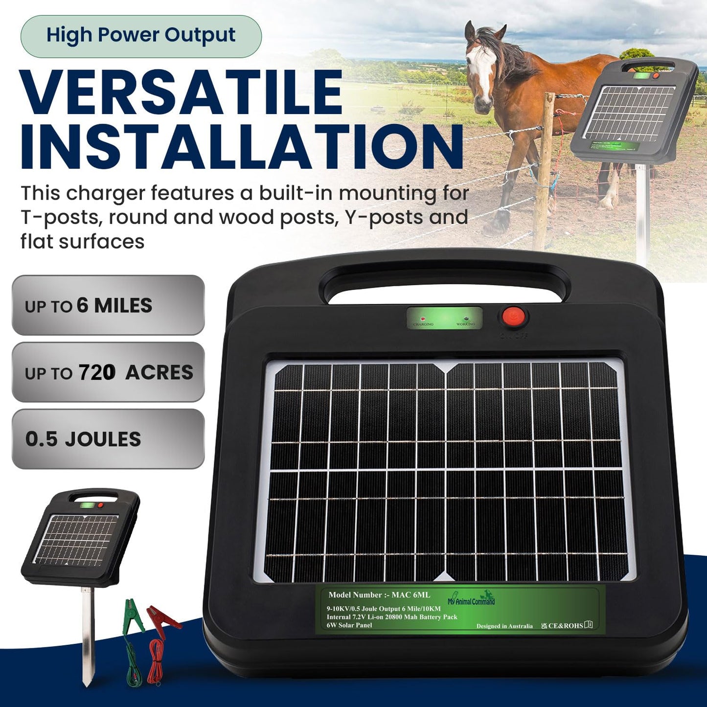 My Animal Command Solar Powered Electric Fence Charger 0.5 Joules Output (9-10KV) with Lithium Battery Energizer Containment & Protection of Livestock Horses Cattle Sheep Pets Easy Install