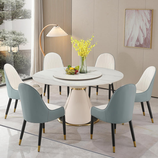Montary 7 Piece Dining Table Set, Modern Dining Table Set of 6, White 59" D Faux Marble Dining Room Table Sintered Stone Round Table with 6 Blue Dining Chairs
