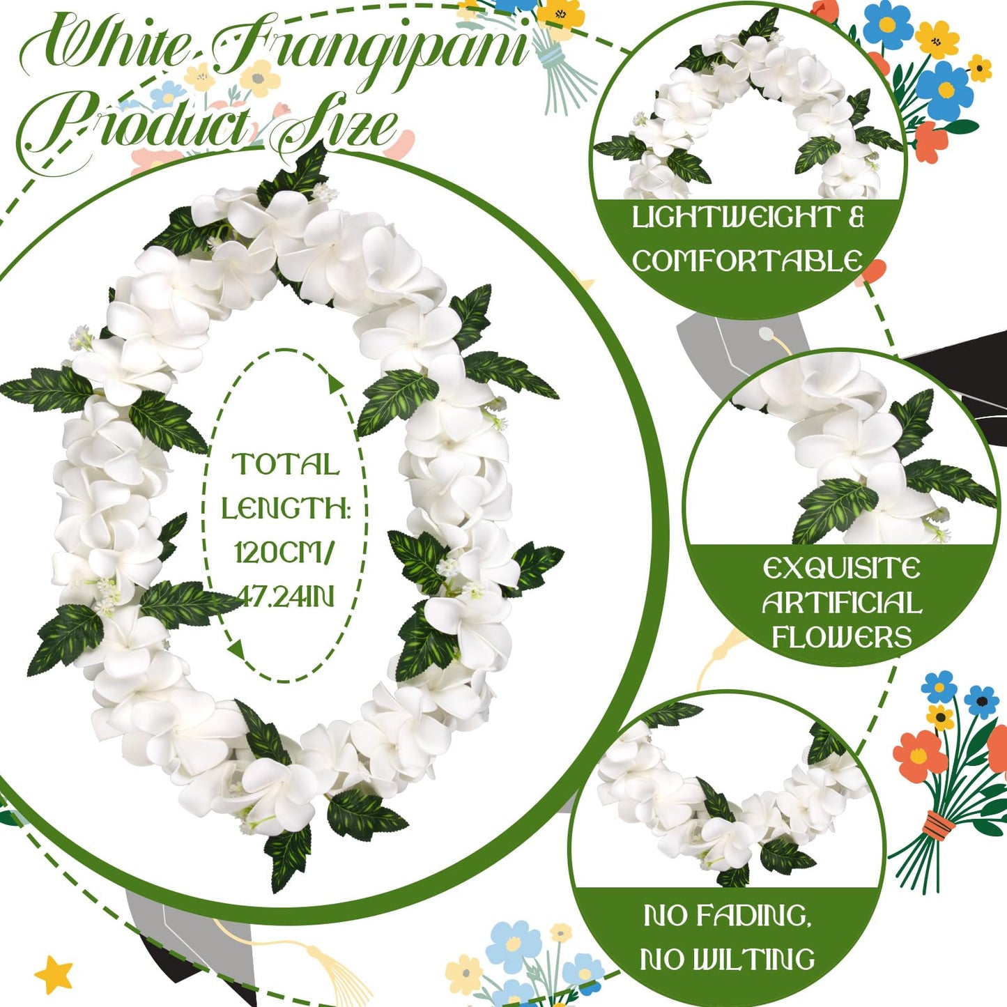 Gosodeny White Hawaiian Plumeria Leis 48" Graduation Artificial Necklace Leis for Graduation Hawaiian Luau Party Accessories Beach Party Favors Grad Gift Party Decor Supplies