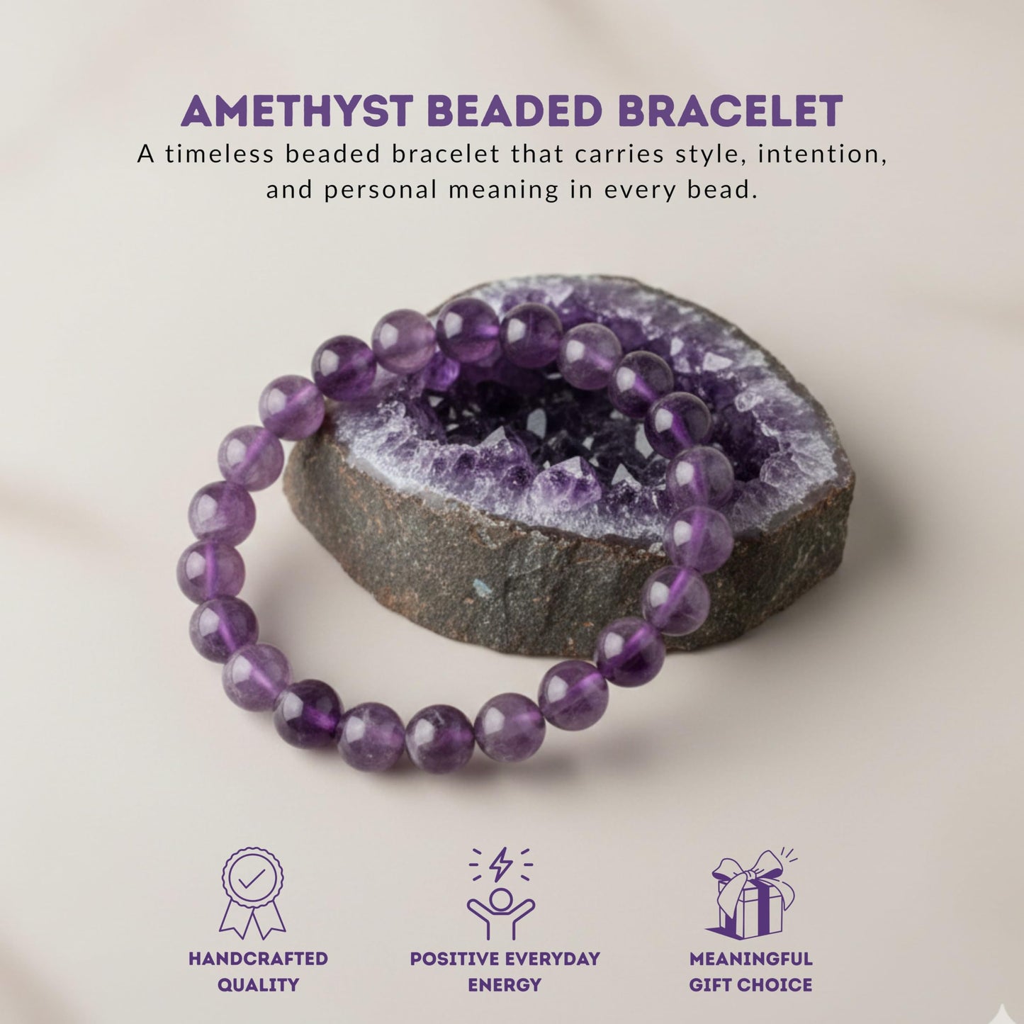Cherry Tree Collection Amethyst Beaded Bracelet – Genuine 8mm Gemstone Stretch Bracelet for Men & Women – Handmade Crystal Bracelet - (Amethyst - S)