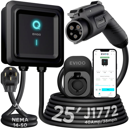 EVIQO Level 2 EV Charger, 40 Amp, J1772 for Non-Tesla EVs, 25ft Cable, WiFi (2.4GHz) Smart App, Weatherproof Indoor/Outdoor (IP66, NEMA 4), UL & ETL Certified, NEMA 14-50 Plug-in 240V, 9.6kW