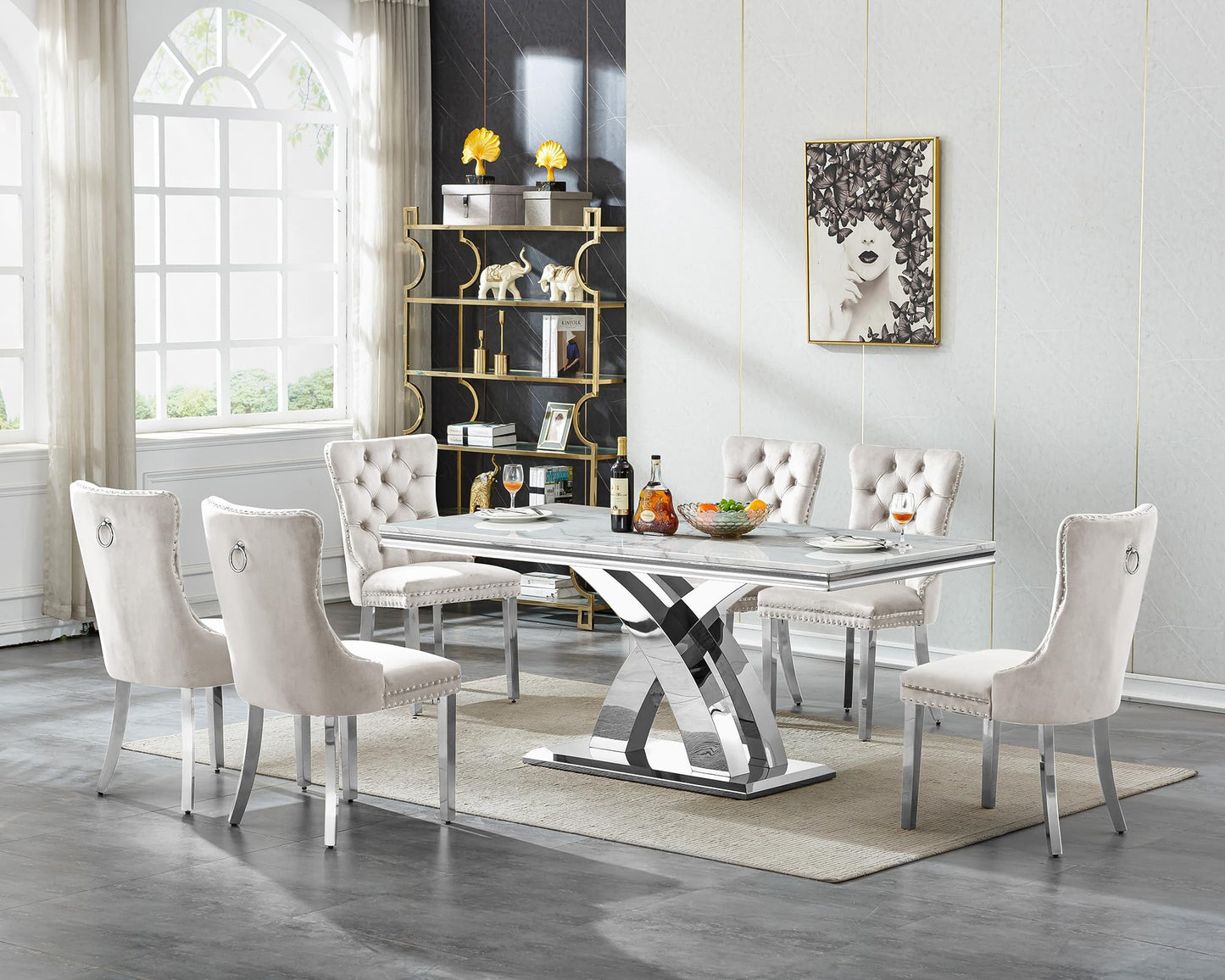 Pvillez 68.11" Marble Dining Table Set, White Dining Table with 6 Beige Velvet Chairs, Rectangle Kitchen Table and Chair Set with Silver Stainless Steel Base, Luxury 7 Piece Dining Set for Kitchen