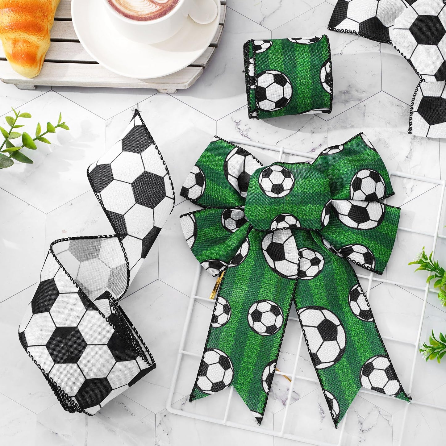 Soccer Wired Edge Ribbon 2.5 Inch Green Black White Craft Ribbon Sport Ball Fabric Ribbons for Sport Events DIY Bow Wreath Wrapping Supplies, 20 Yards, 2 Rolls