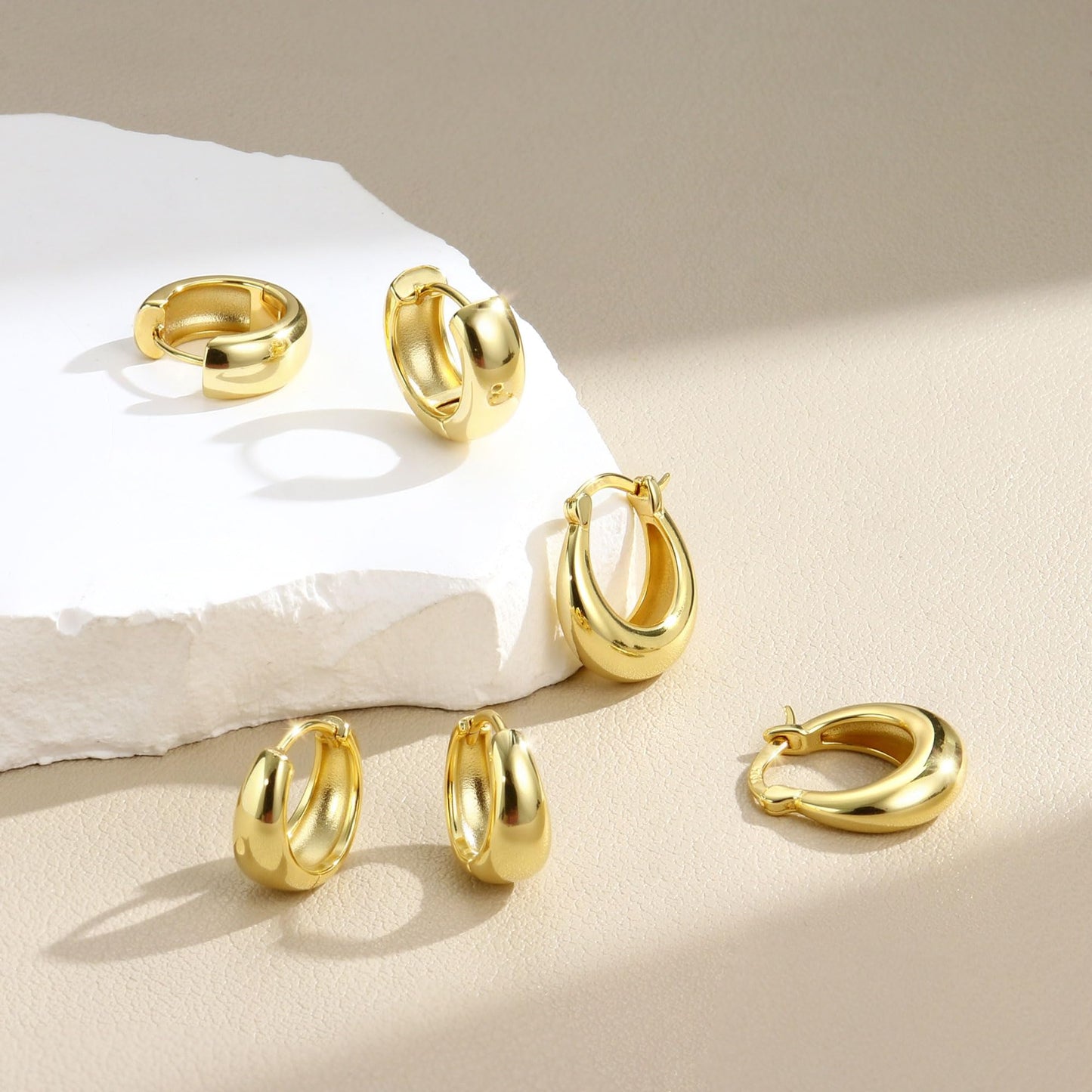 MILACOLATO 3Pairs 14K Gold Filled Hoop Earrings Set for Women Trendy Sterling Silver Post Small Chunky Hoop Earring Hypoallergenic Thick Huggie Hoop Earrings Stacks for Multiple Piercing Lightweight-B